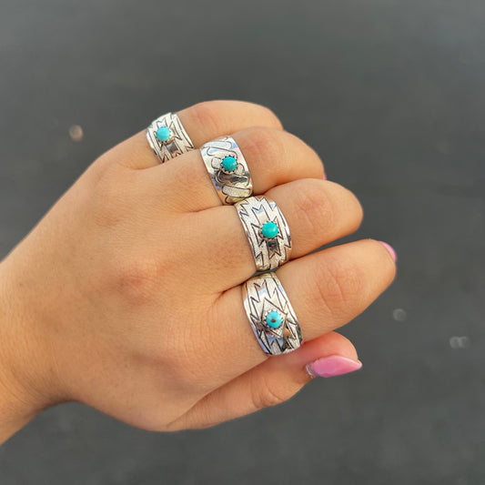 Kingman Turquoise Aztec Stamped Wide Band Ring