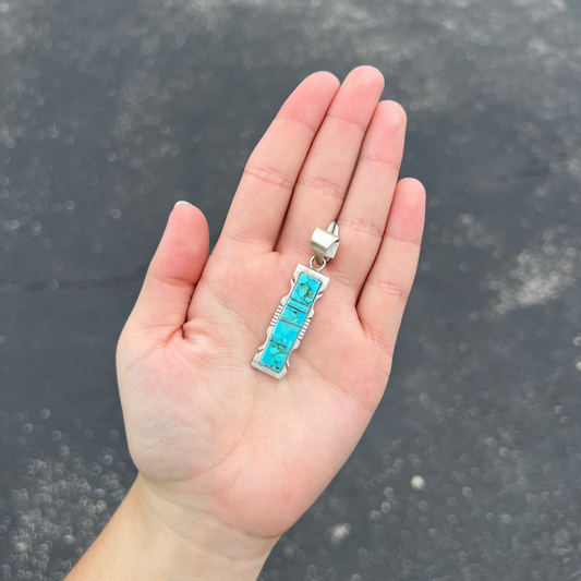 Genuine Sleeping Beauty Turquoise Inlay Sterling Silver Bar Pendant