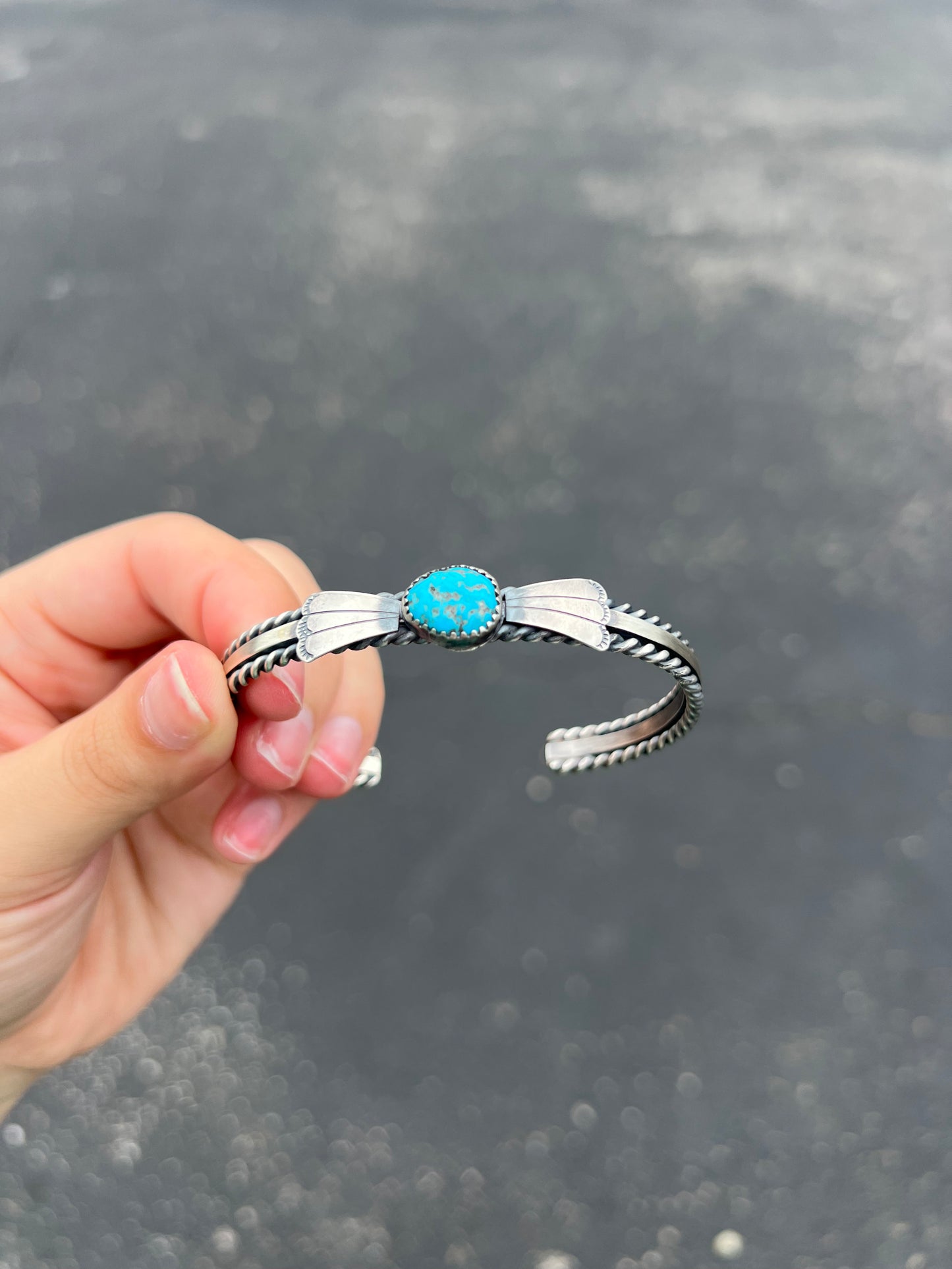 Kingman Turquoise Fan and Twist Wire Sterling Silver Cuff Bracelet