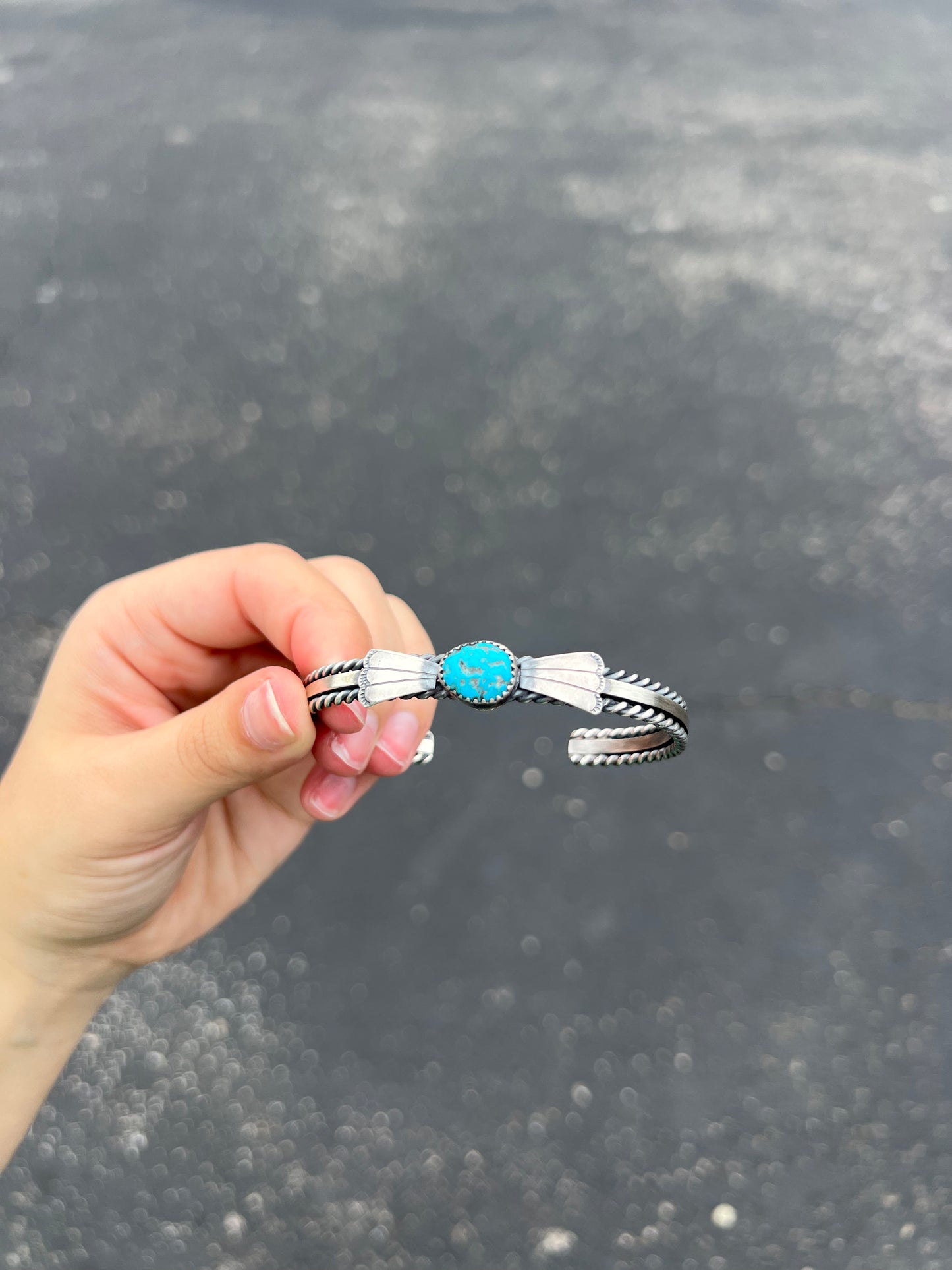 Kingman Turquoise Fan and Twist Wire Sterling Silver Cuff Bracelet