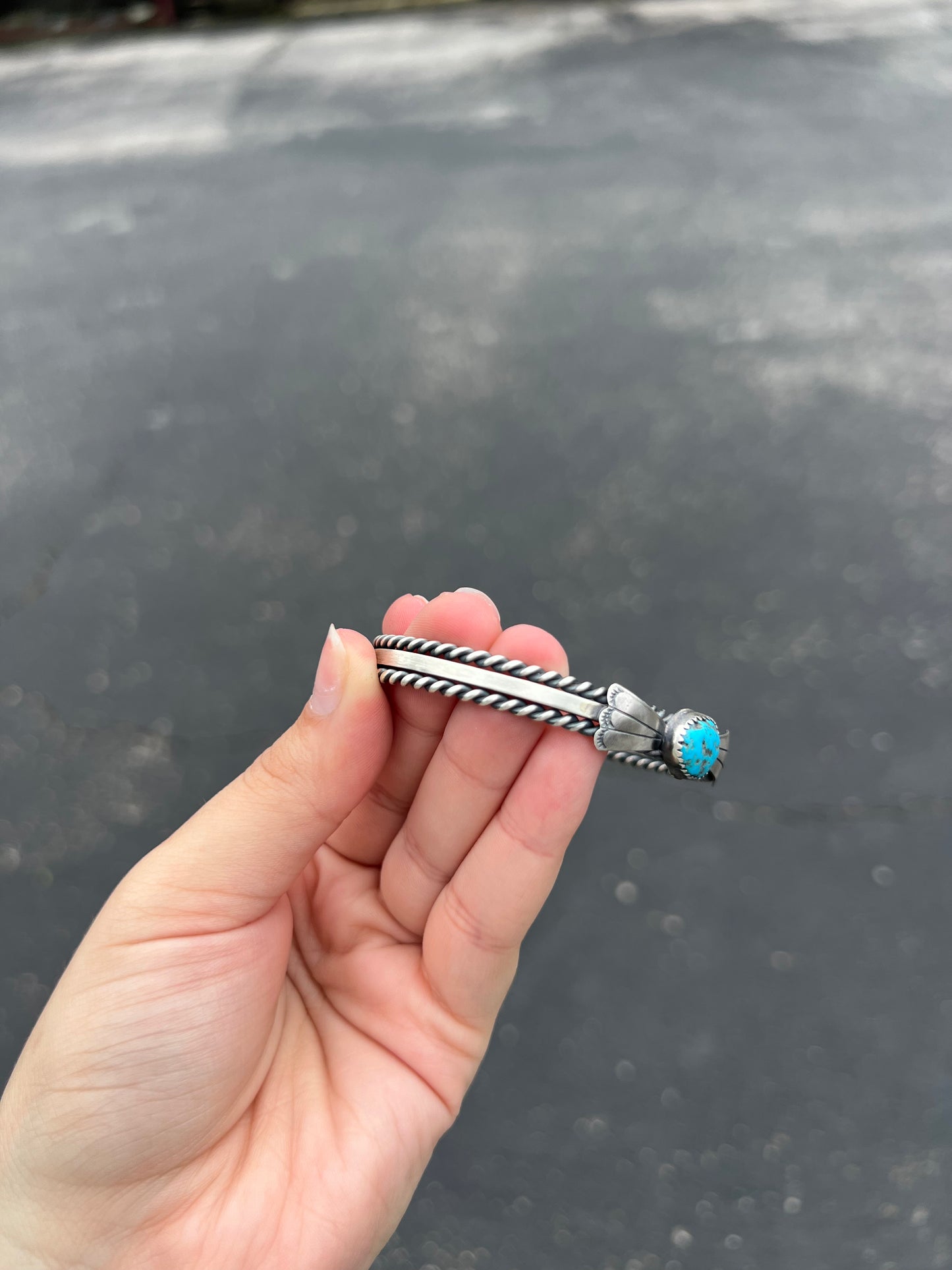 Kingman Turquoise Fan and Twist Wire Sterling Silver Cuff Bracelet
