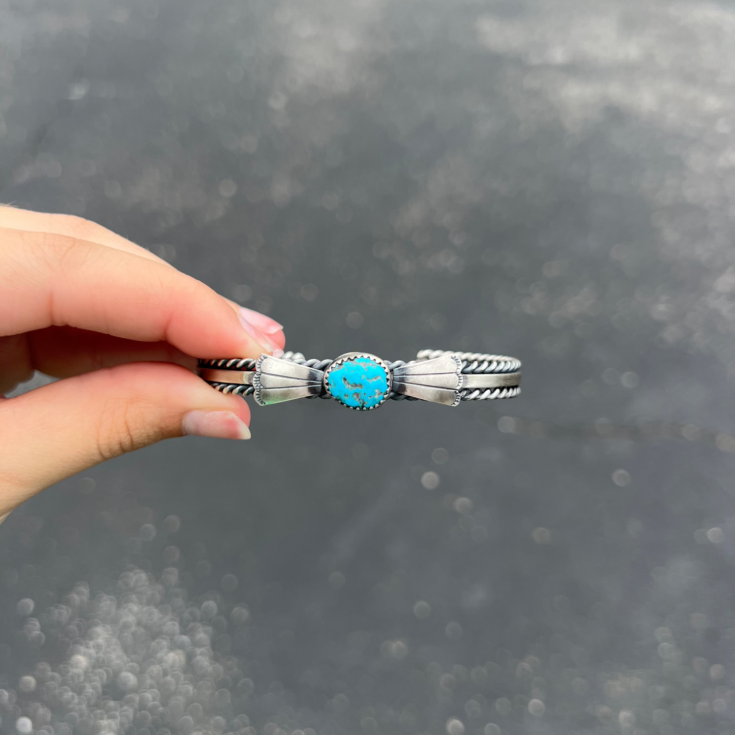 Kingman Turquoise Fan and Twist Wire Sterling Silver Cuff Bracelet