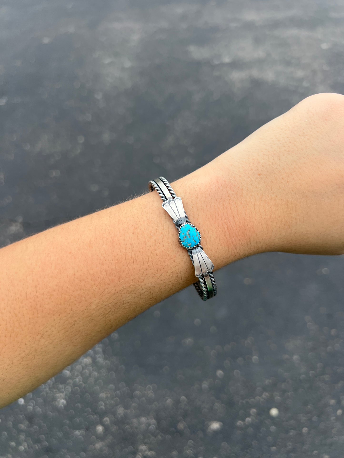 Kingman Turquoise Fan and Twist Wire Sterling Silver Cuff Bracelet
