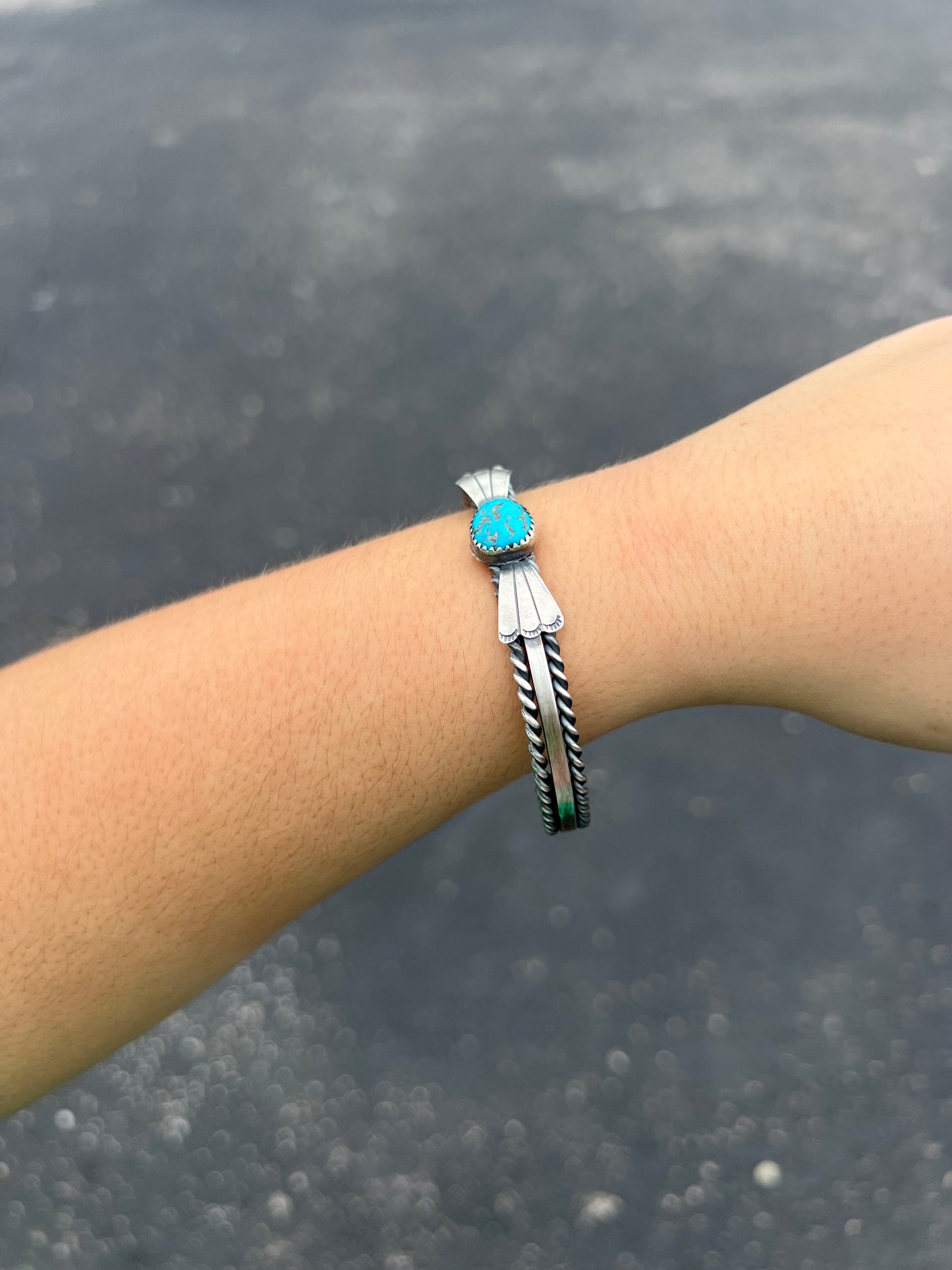 Kingman Turquoise Fan and Twist Wire Sterling Silver Cuff Bracelet