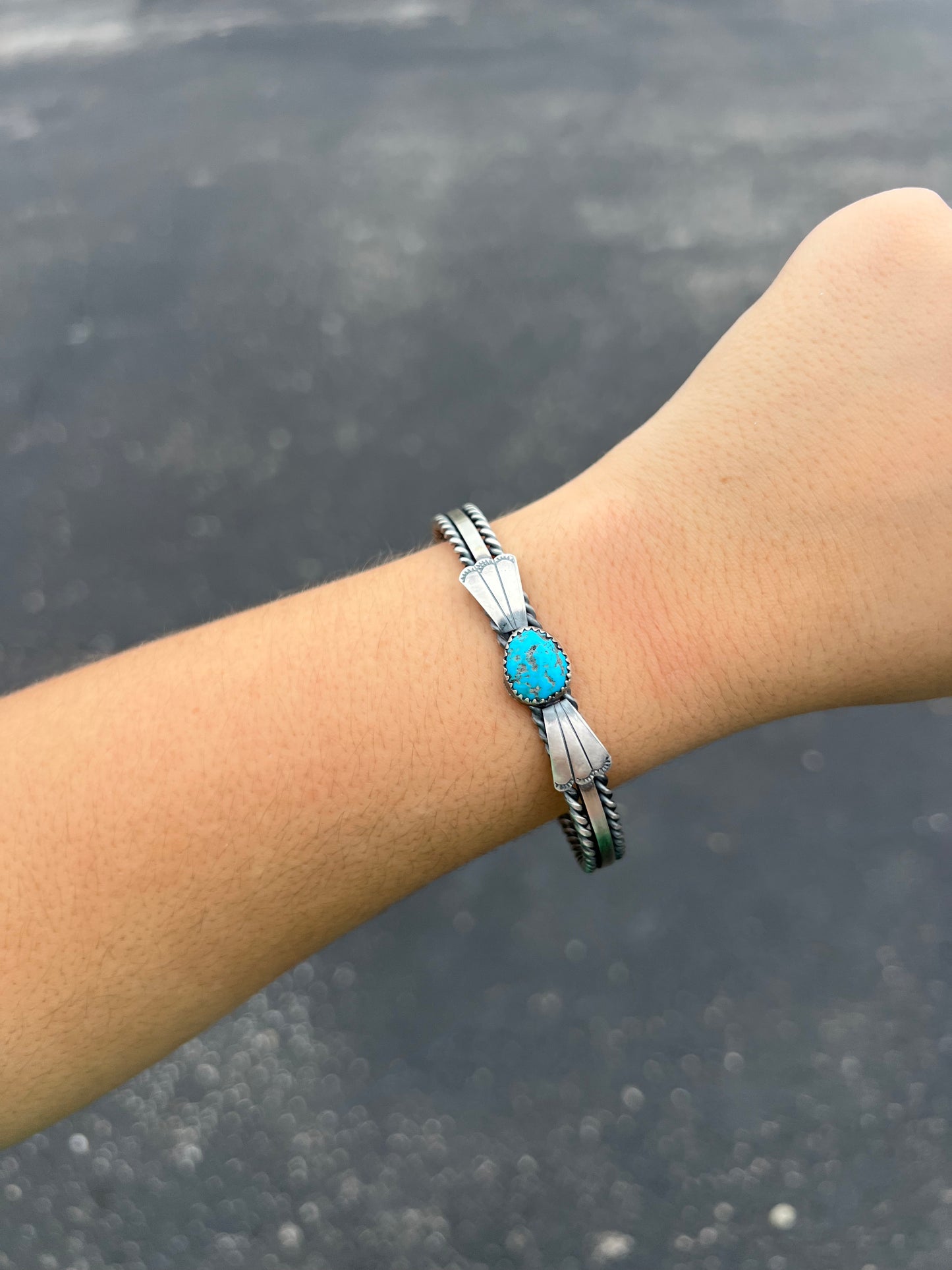 Kingman Turquoise Fan and Twist Wire Sterling Silver Cuff Bracelet