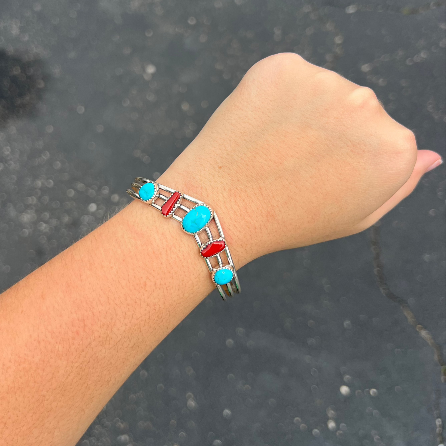 Genuine Turquoise and Coral Sterling Silver Sweater Bracelet