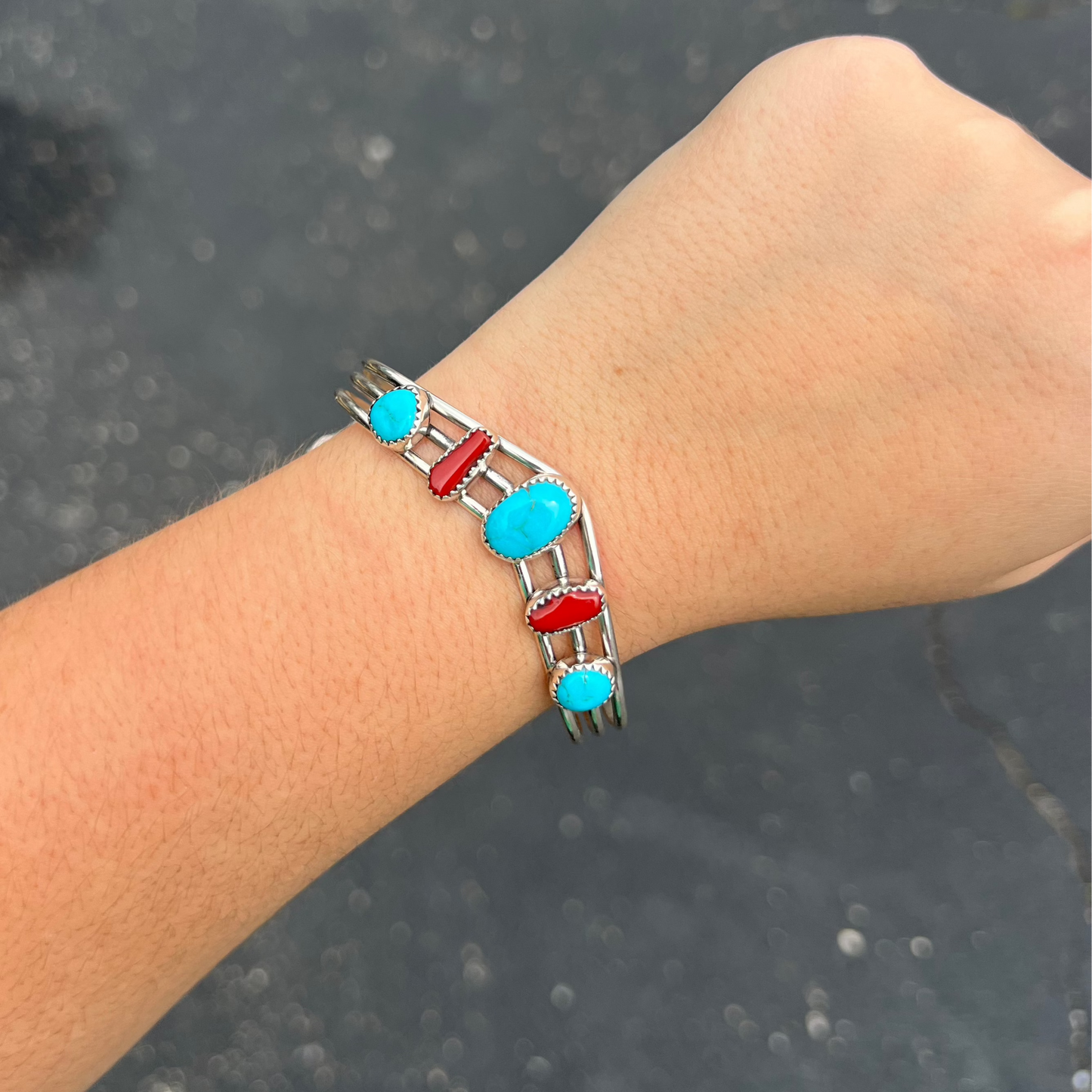 Genuine Turquoise and Coral Sterling Silver Sweater Bracelet