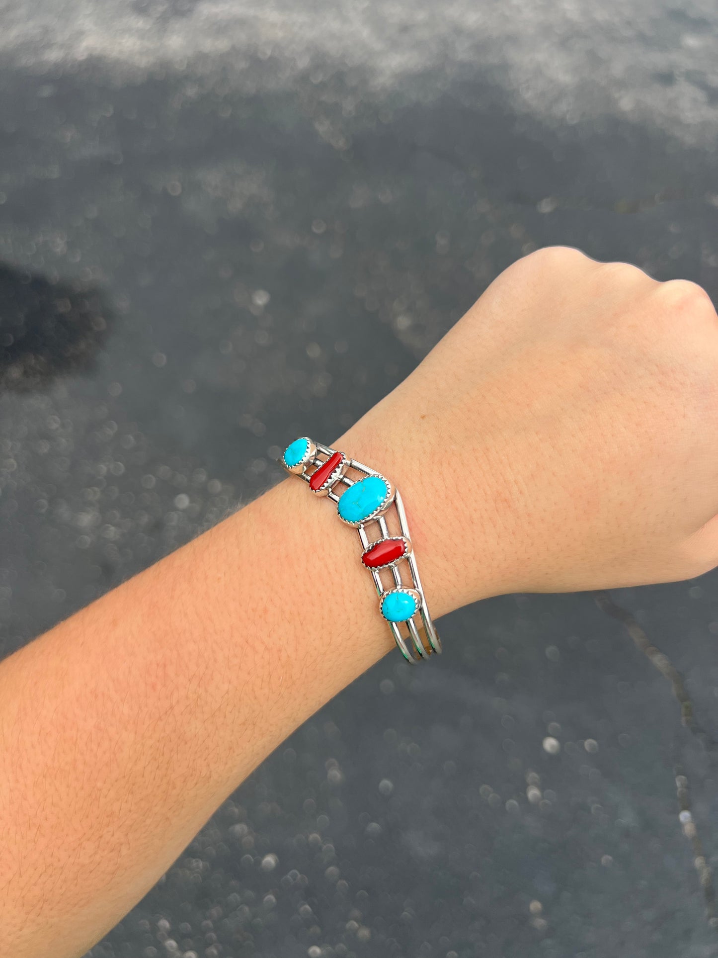 Genuine Turquoise and Coral Sterling Silver Sweater Bracelet