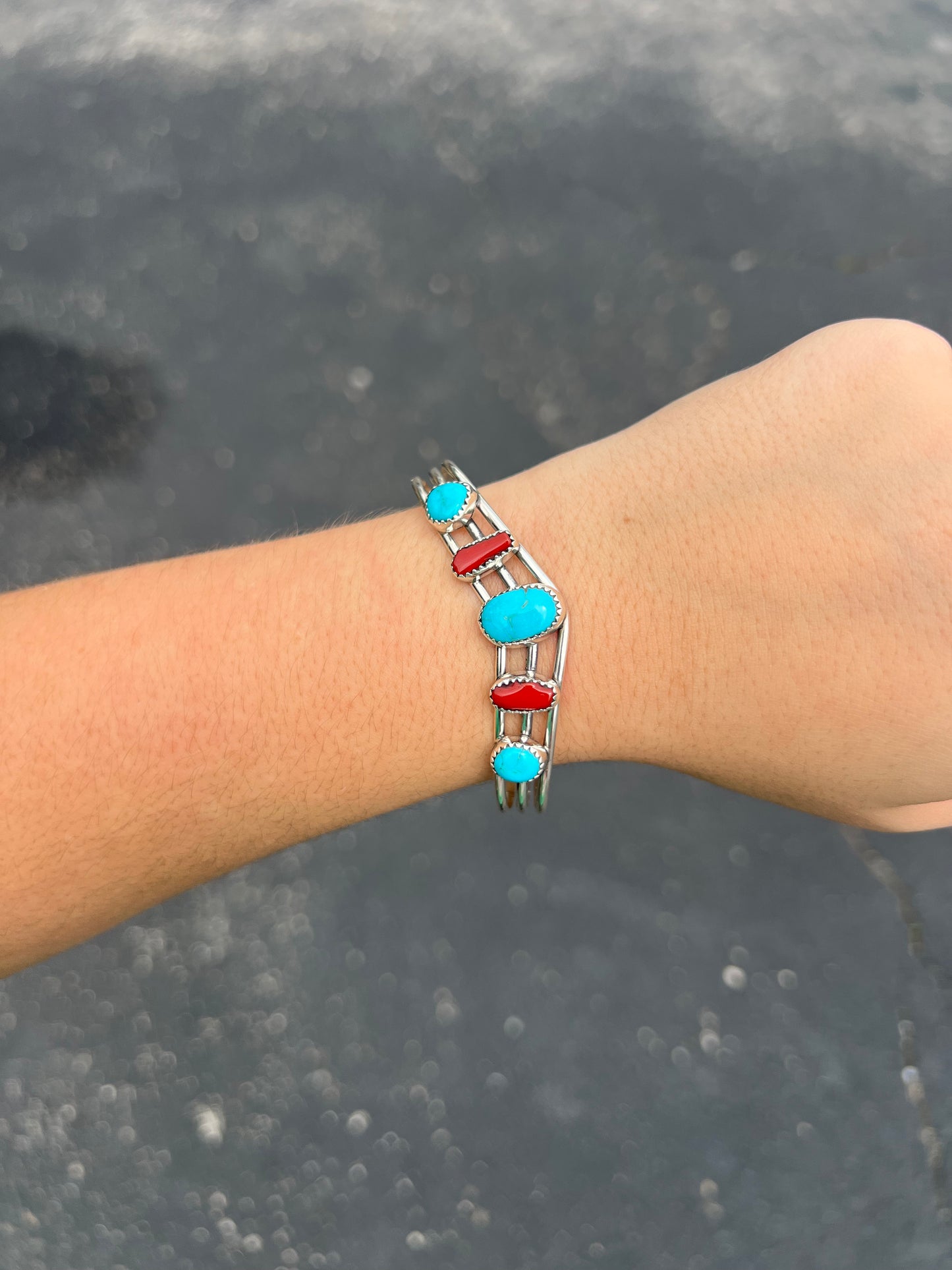 Genuine Turquoise and Coral Sterling Silver Sweater Bracelet