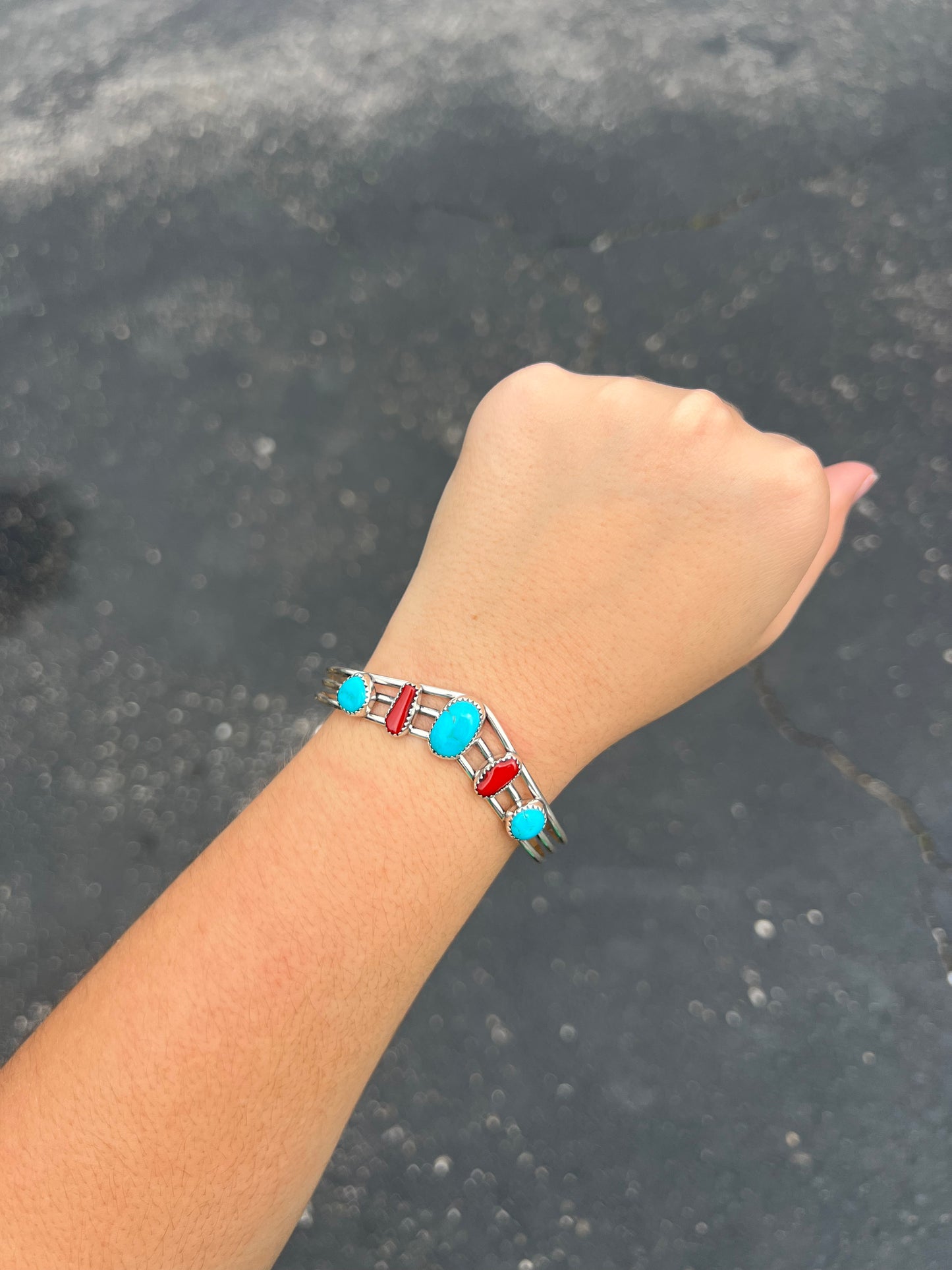 Genuine Turquoise and Coral Sterling Silver Sweater Bracelet