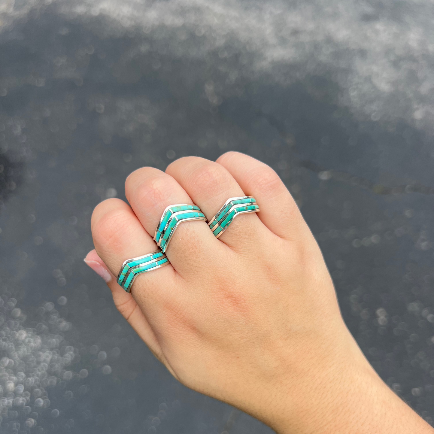 Sonoran Turquoise 2 Row Inlay Sterling Silver V Ring