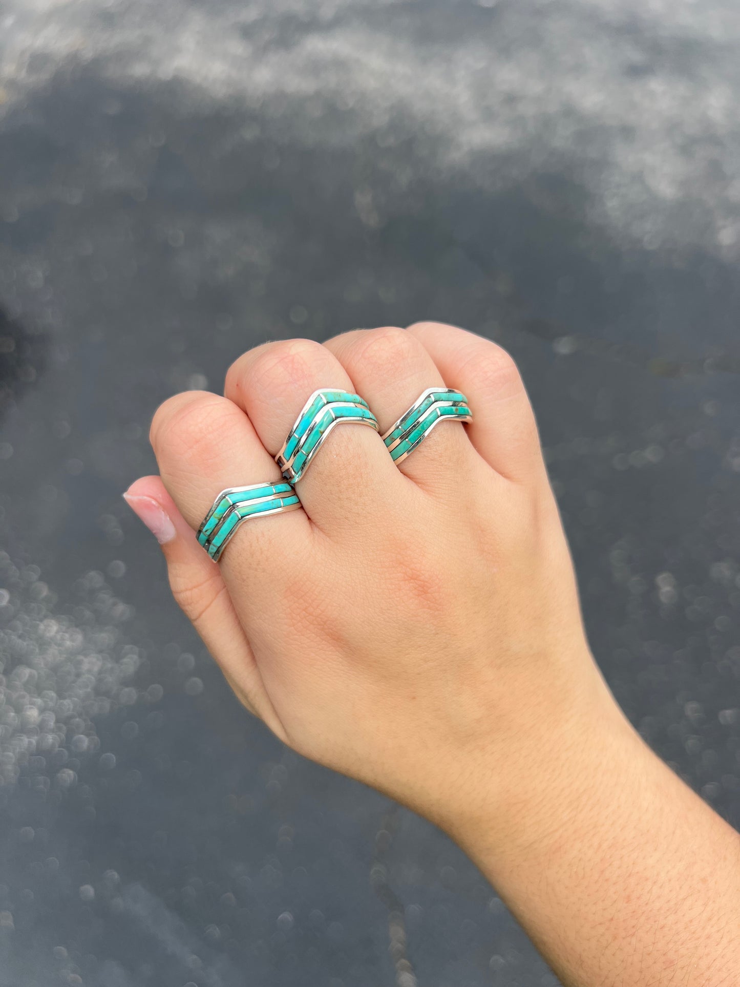 Sonoran Turquoise 2 Row Inlay Sterling Silver V Ring