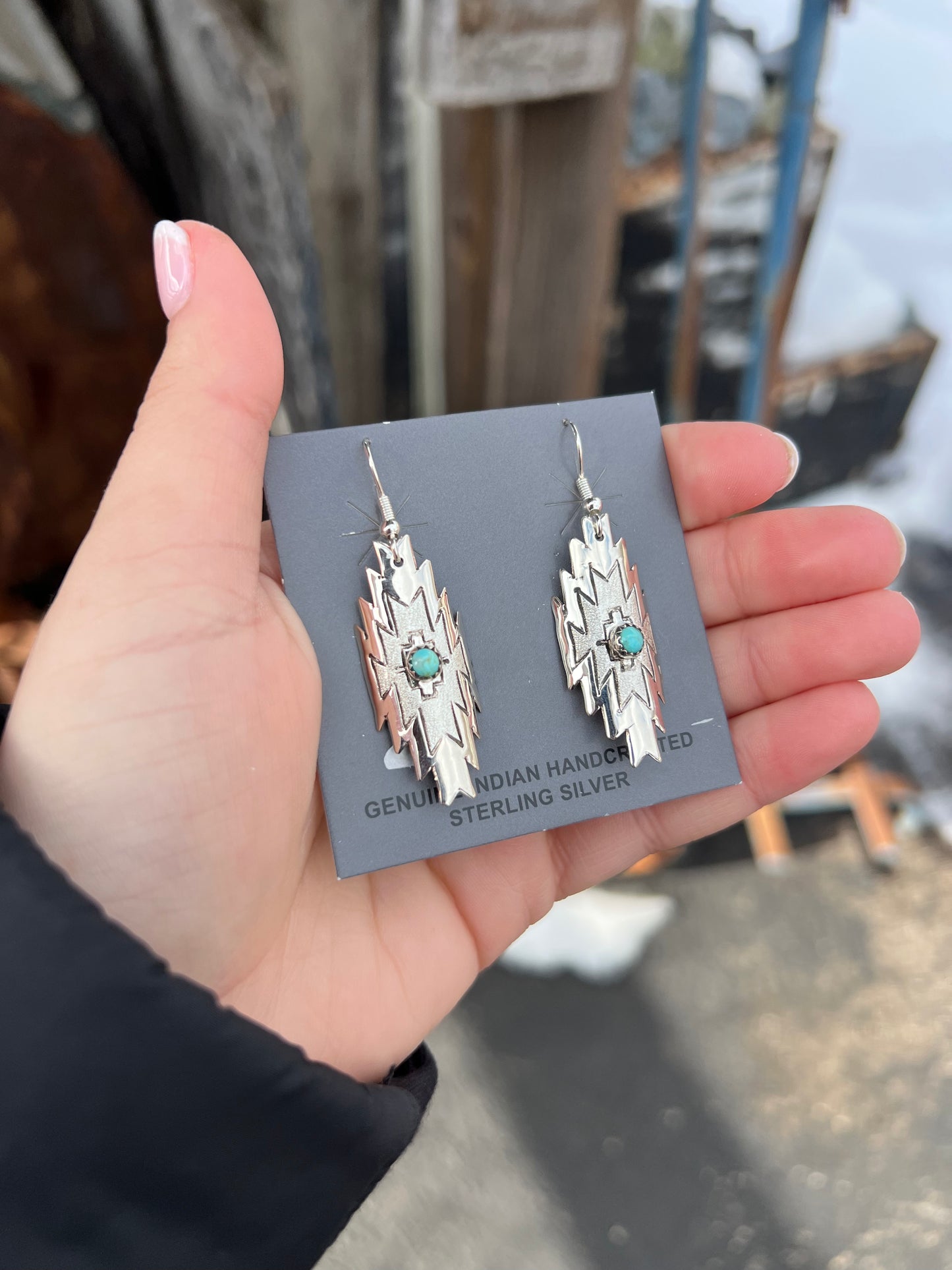 Genuine Kingman Turquoise Aztec Stamped Earrings