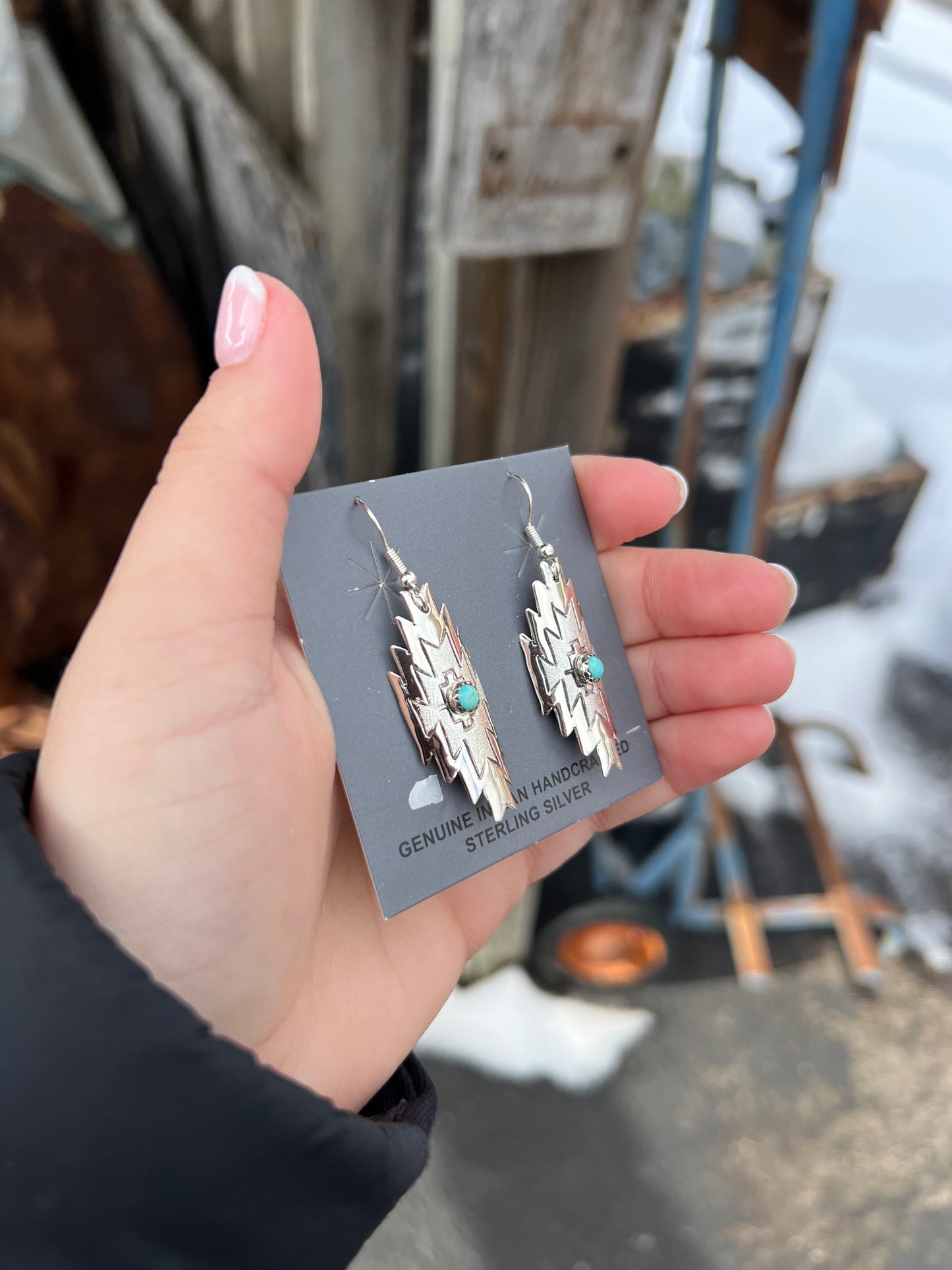 Genuine Kingman Turquoise Aztec Stamped Earrings