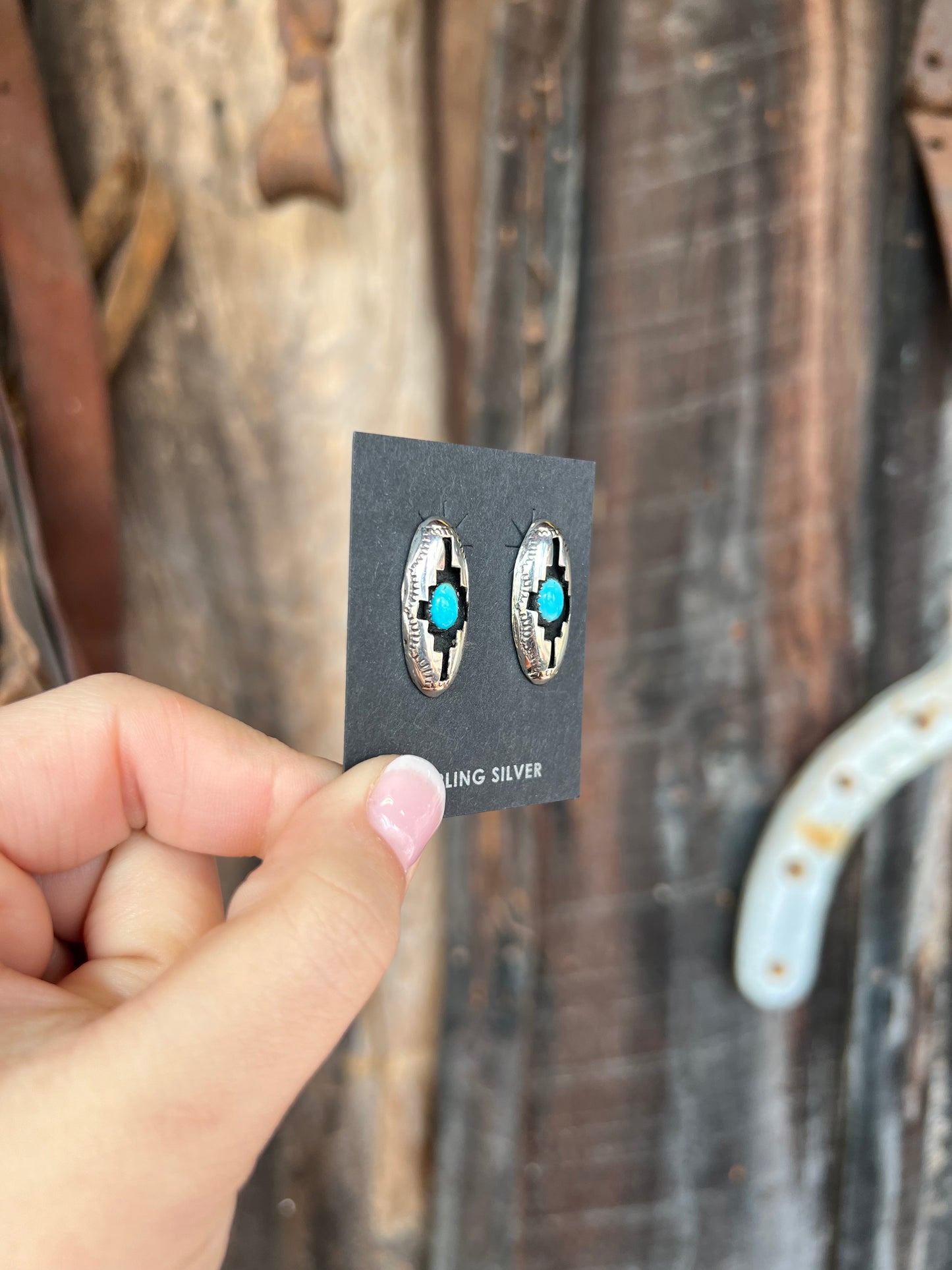 Genuine Turquoise Sterling Silver Aztec Shadowbox Oval Earrings