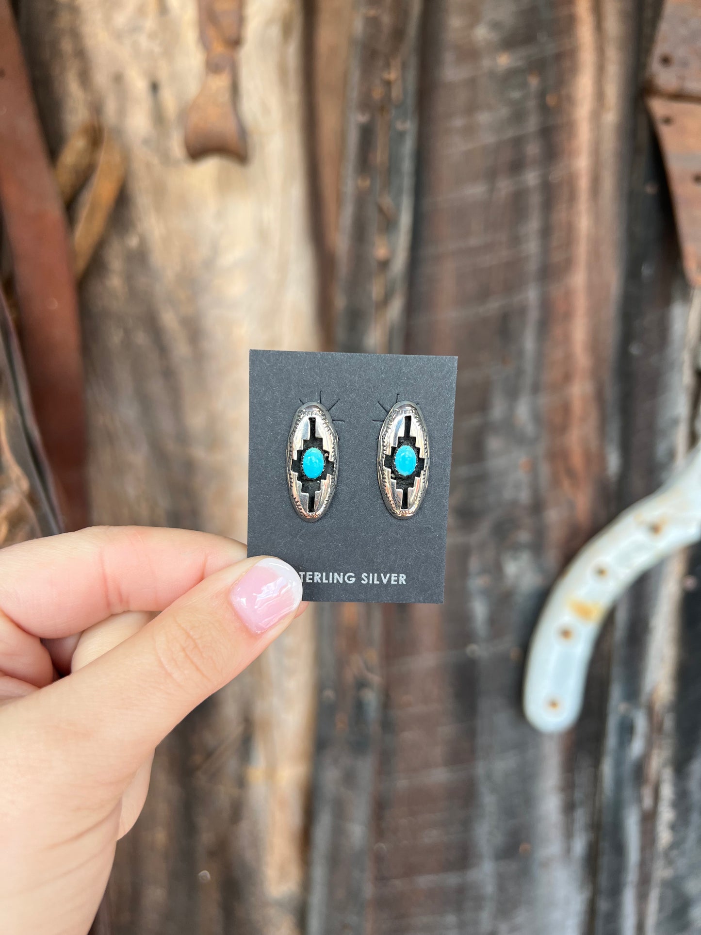 Genuine Turquoise Sterling Silver Aztec Shadowbox Oval Earrings
