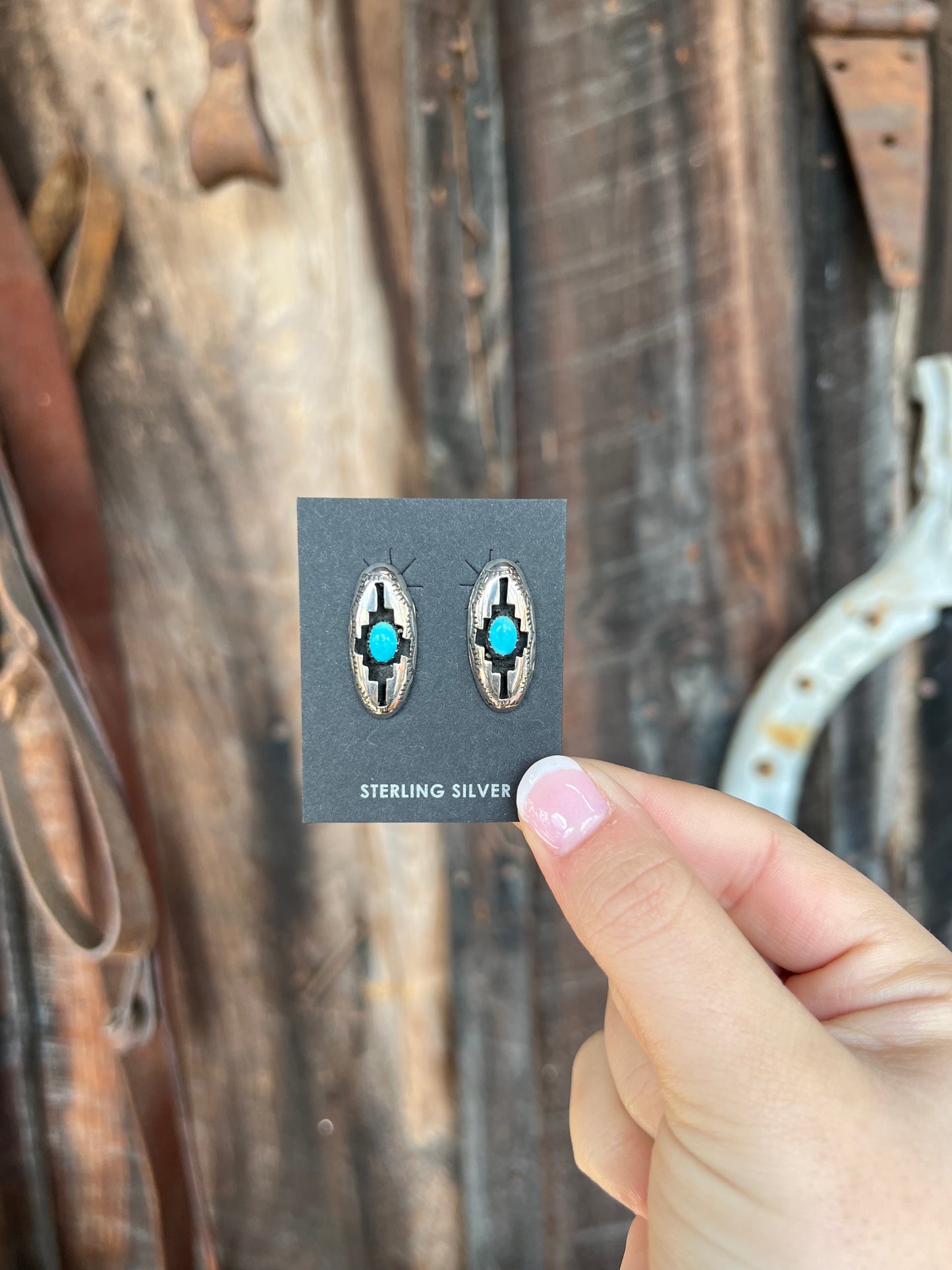 Genuine Turquoise Sterling Silver Aztec Shadowbox Oval Earrings