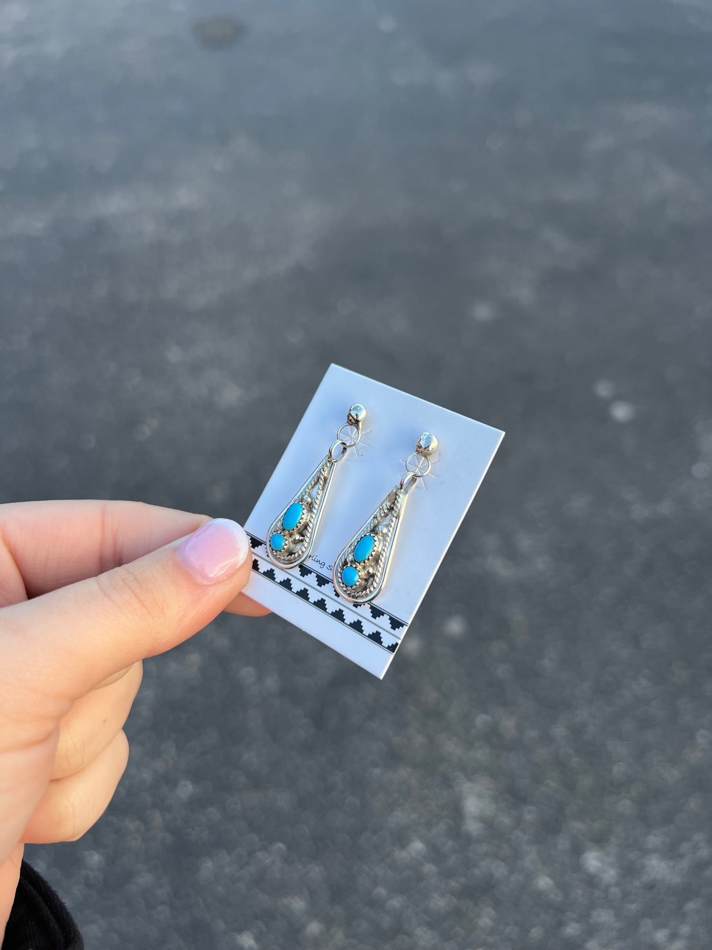 Navajo Genuine Turquoise Teardrop Sterling Silver Dangle Earrings