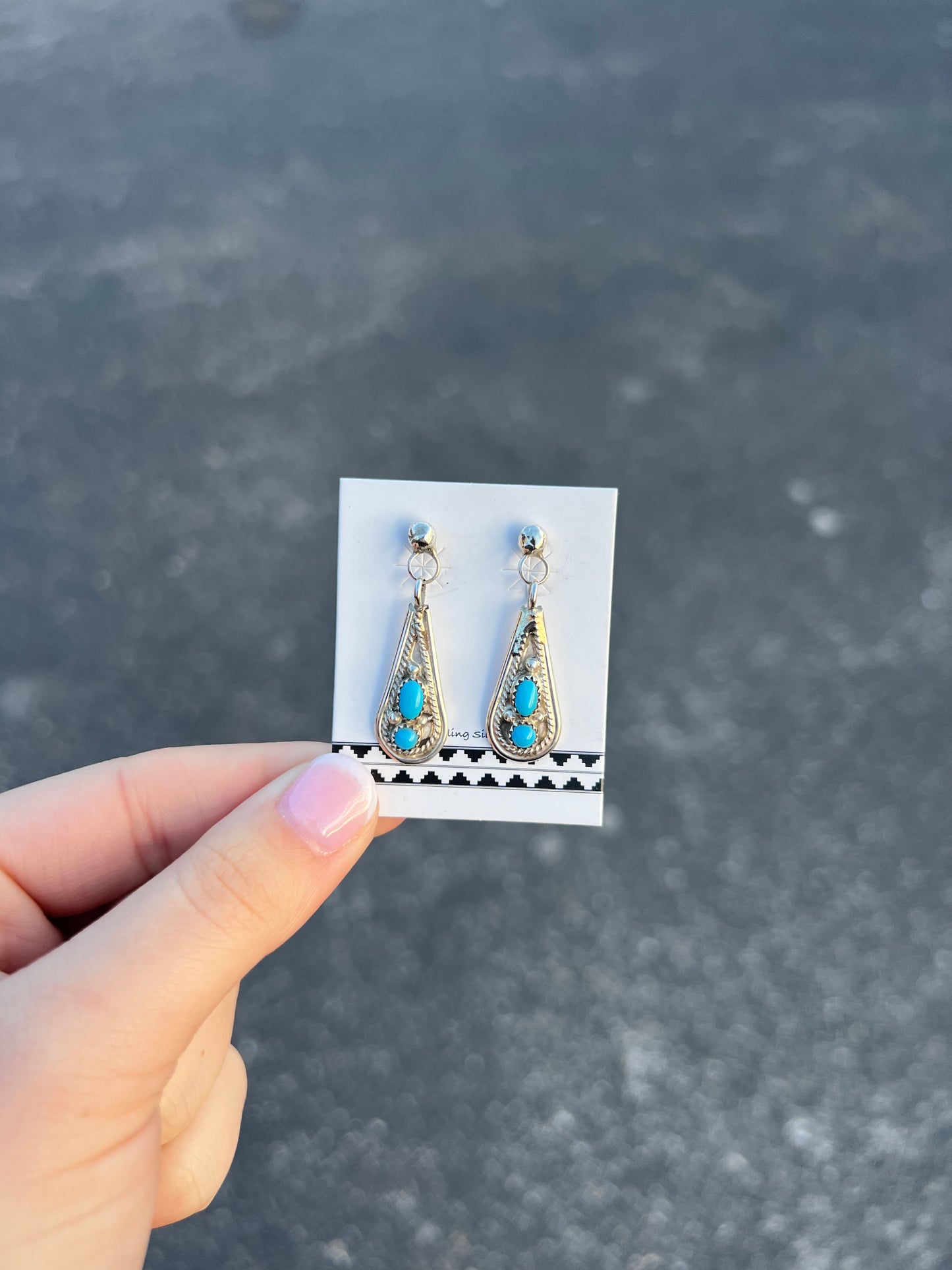 Navajo Genuine Turquoise Teardrop Sterling Silver Dangle Earrings