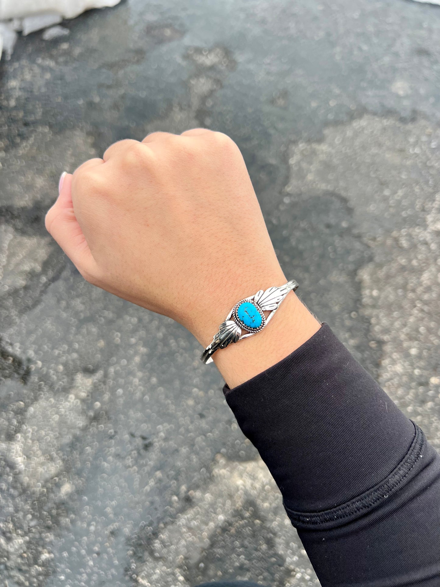 Kingman Turquoise and Sterling Silver Leaves Bracelet