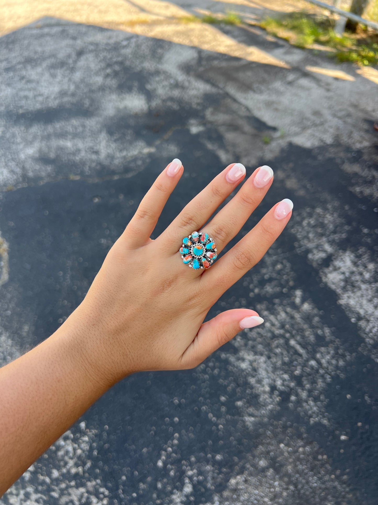 Genuine Turquoise / Red Spiny Oyster Cluster Sterling Silver Ring
