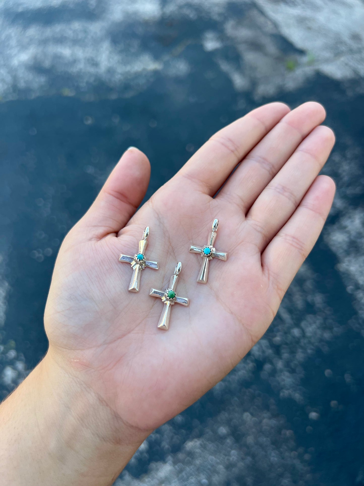 Genuine Turquoise Sterling Silver Mini Cross Pendant