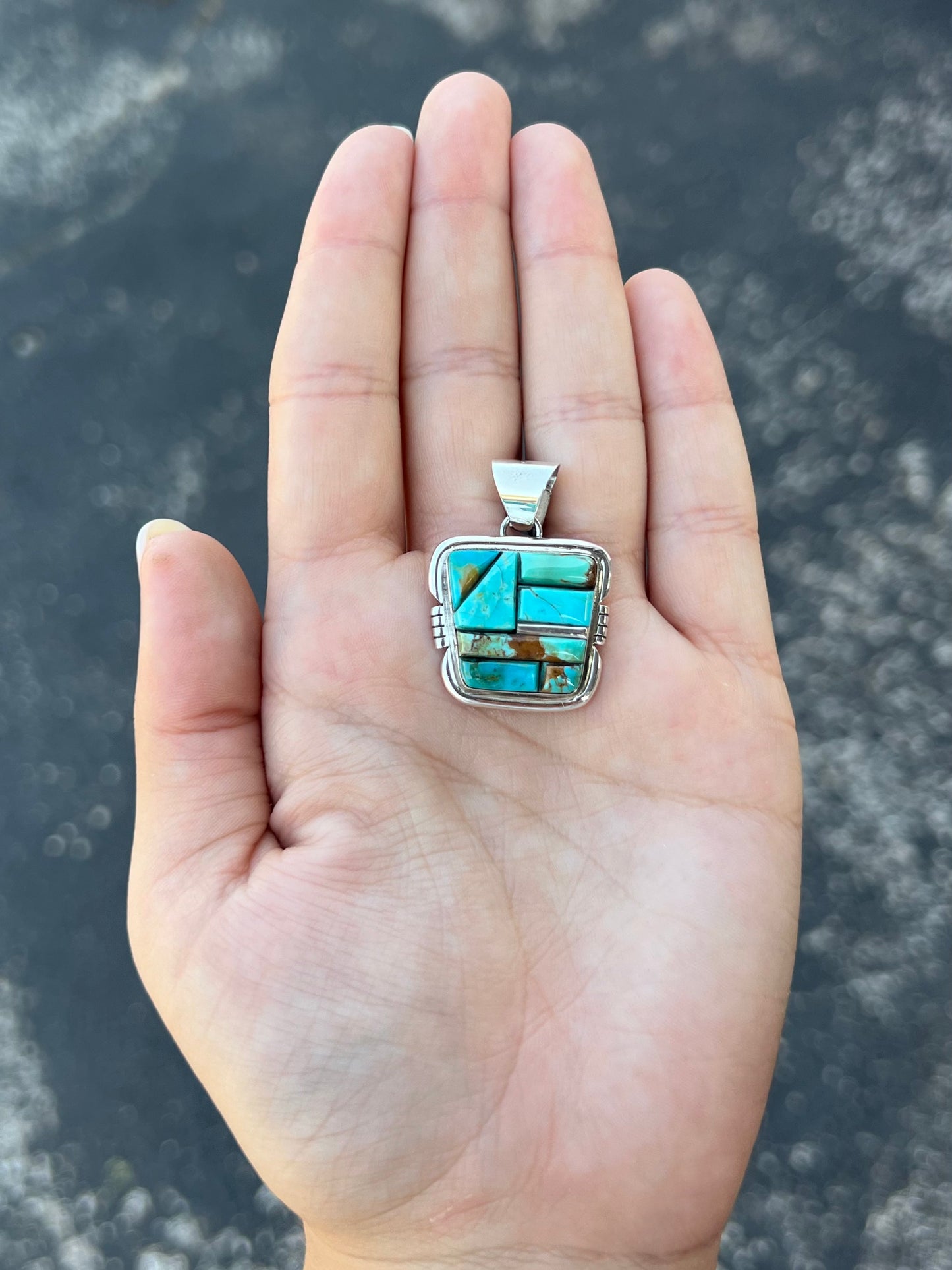 Genuine Turquoise Cobblestone Inlay Sterling Silver Pendant