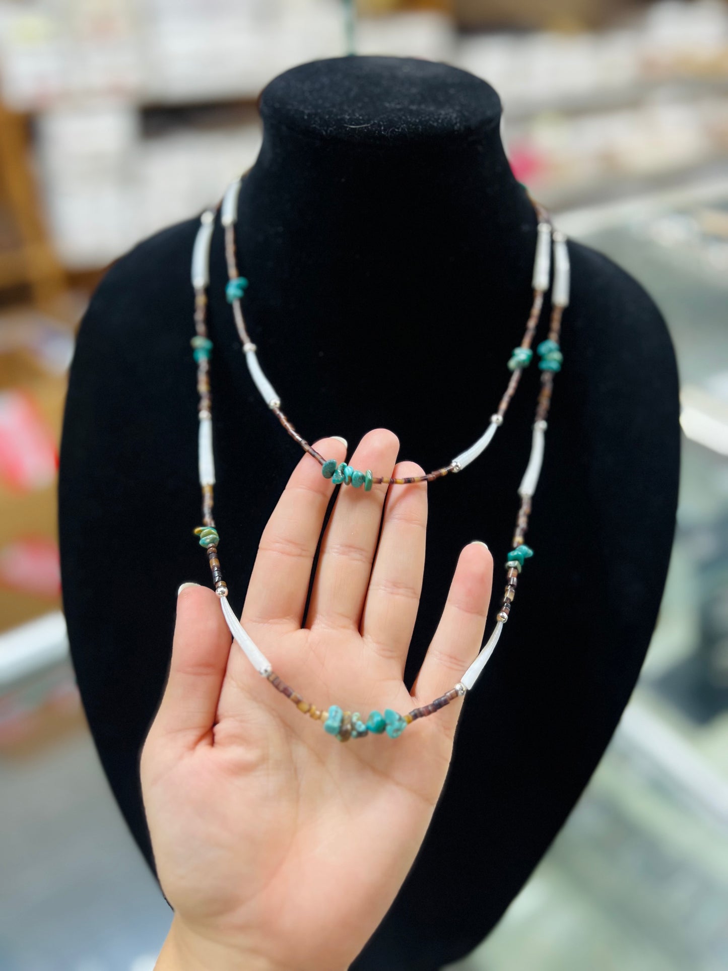 Genuine Kingman Turquoise, Heishi, and Dentalium Shell Necklace