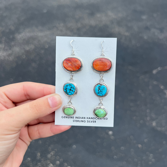 3 Stone Genuine Turquoise and Spiny Oyster Dangle Statement Earrings