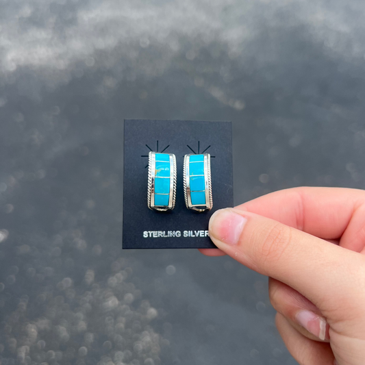 Kingman Turquoise Inlay Sterling Silver Hoops