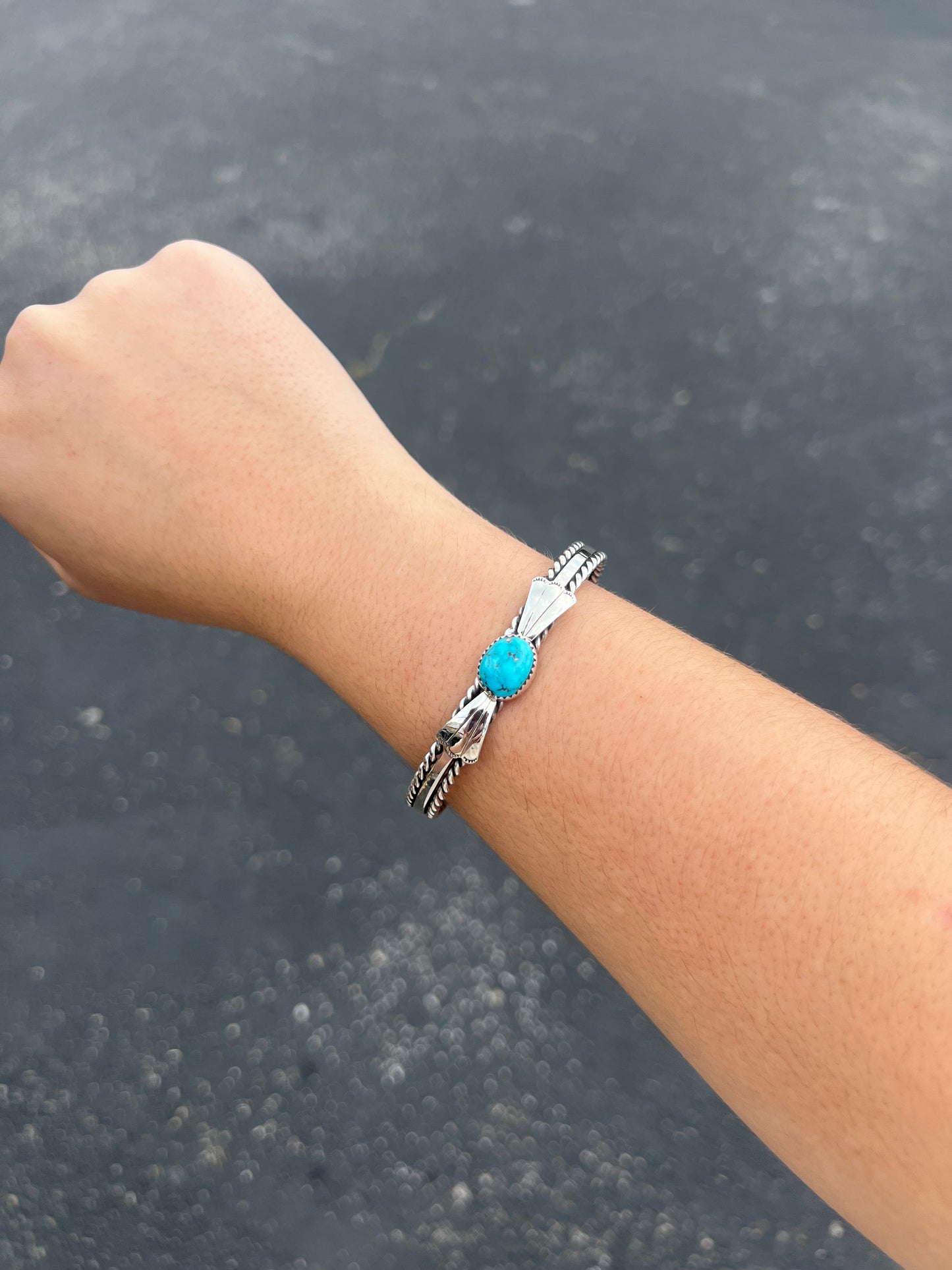 Kingman Turquoise Fan and Twist Wire Sterling Silver Cuff Bracelet