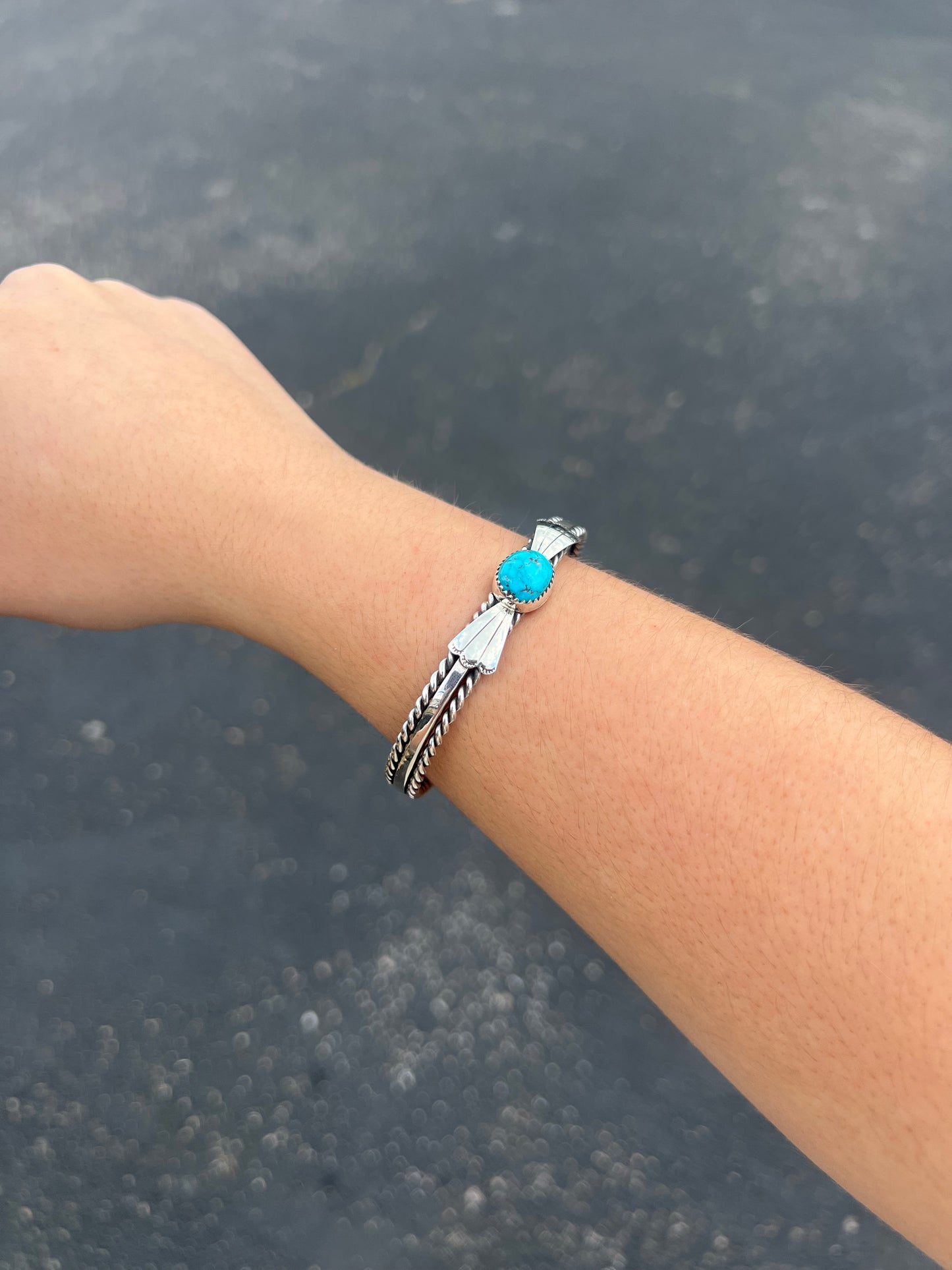 Kingman Turquoise Fan and Twist Wire Sterling Silver Cuff Bracelet