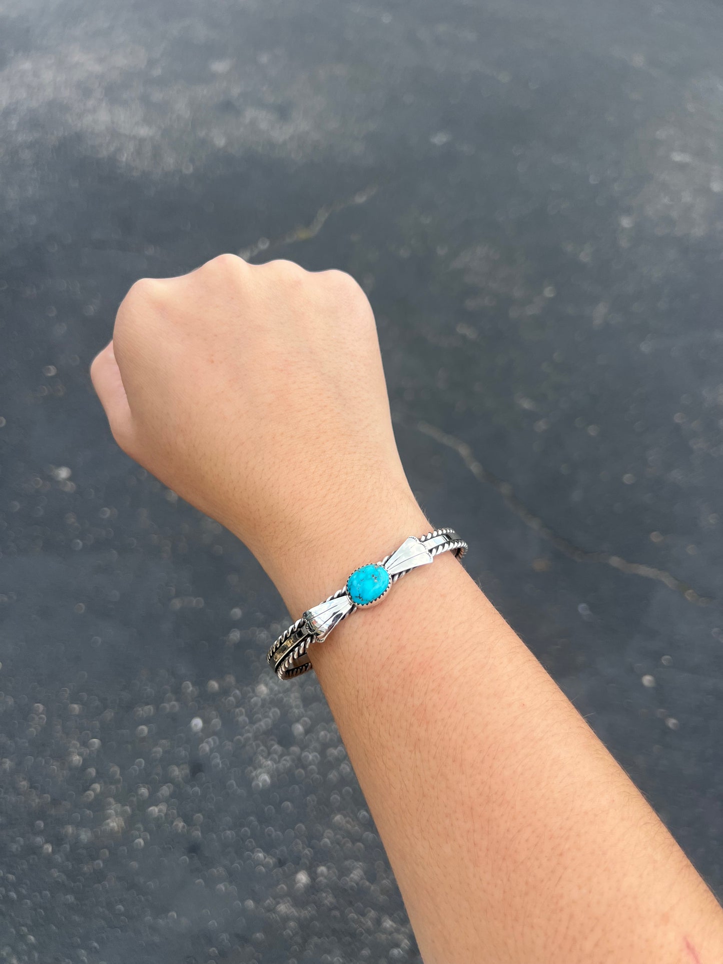 Kingman Turquoise Fan and Twist Wire Sterling Silver Cuff Bracelet