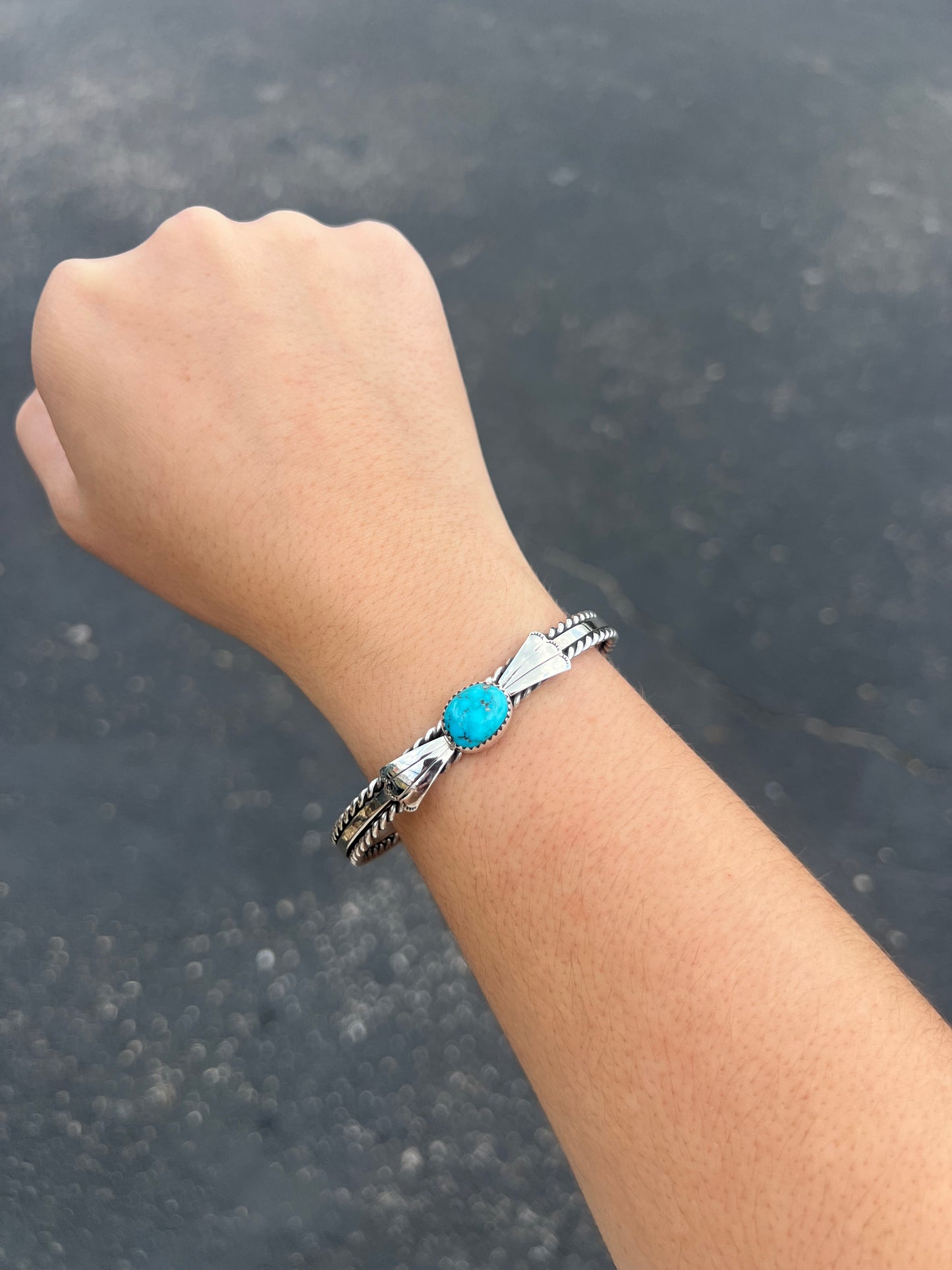 Kingman Turquoise Fan and Twist Wire Sterling Silver Cuff Bracelet