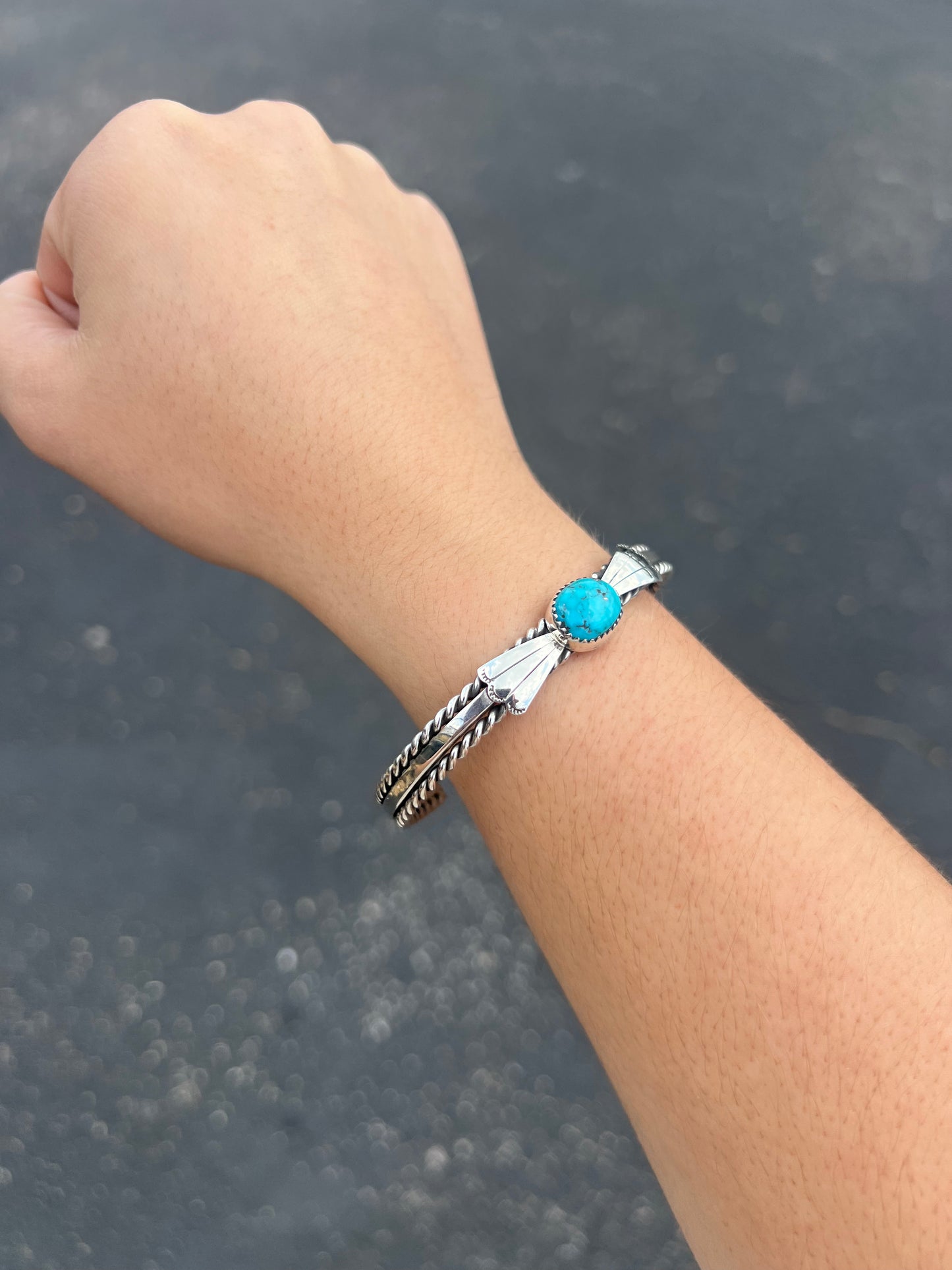 Kingman Turquoise Fan and Twist Wire Sterling Silver Cuff Bracelet