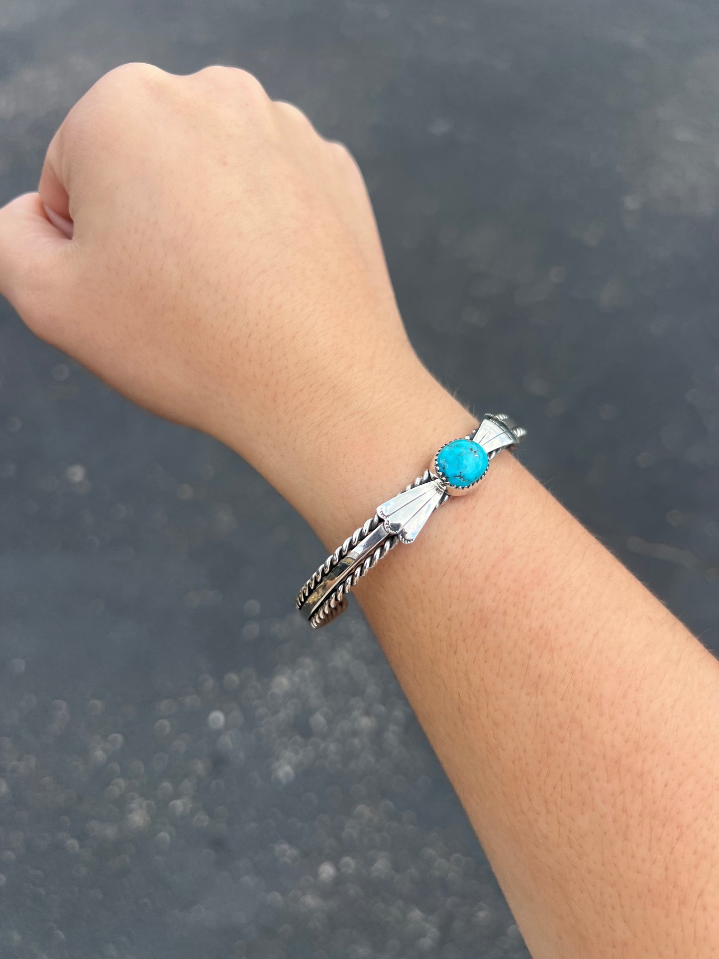 Kingman Turquoise Fan and Twist Wire Sterling Silver Cuff Bracelet