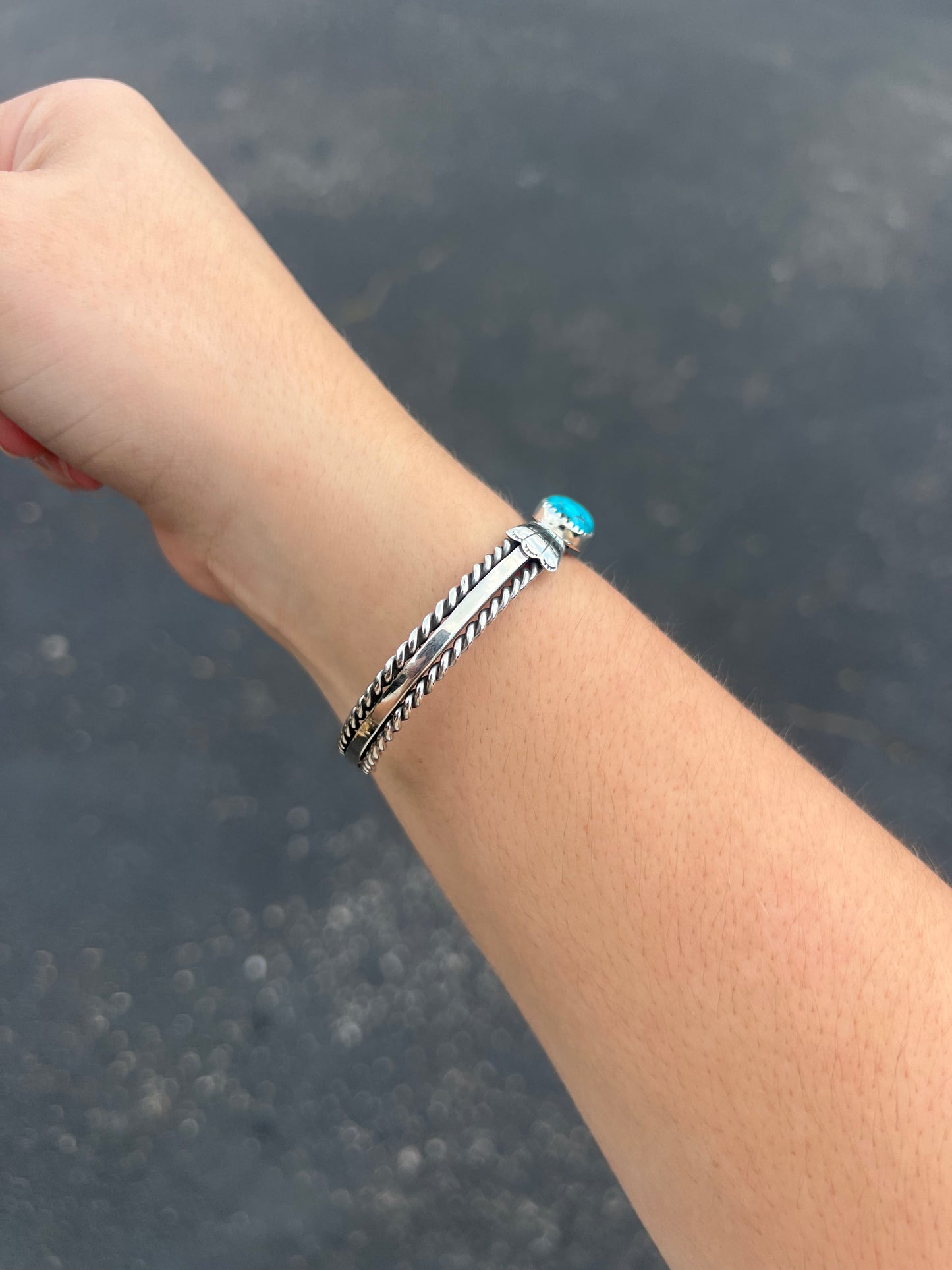 Kingman Turquoise Fan and Twist Wire Sterling Silver Cuff Bracelet