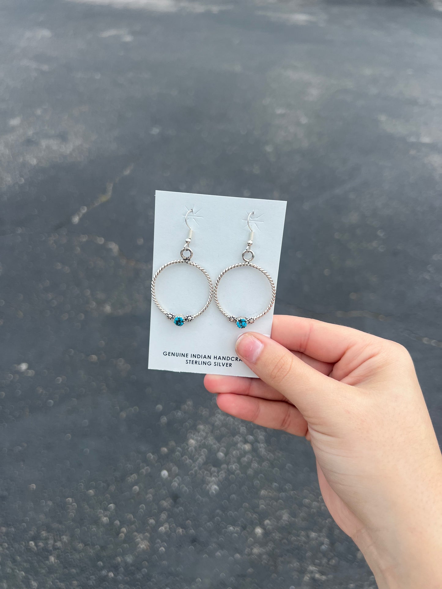 Sterling Silver Twisted Hoop Dangle Earrings with Kingman Turquoise Stone