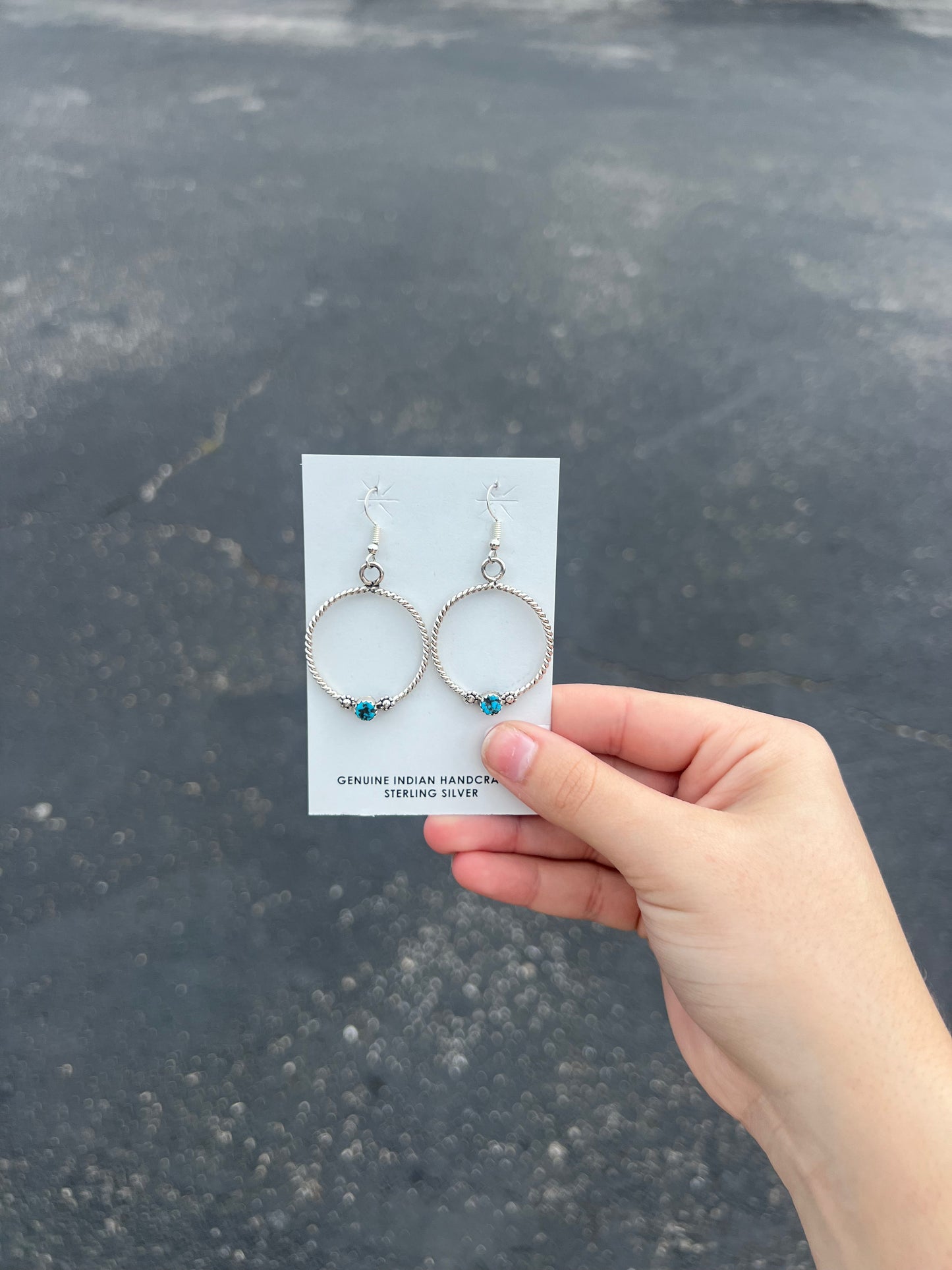 Sterling Silver Twisted Hoop Dangle Earrings with Kingman Turquoise Stone