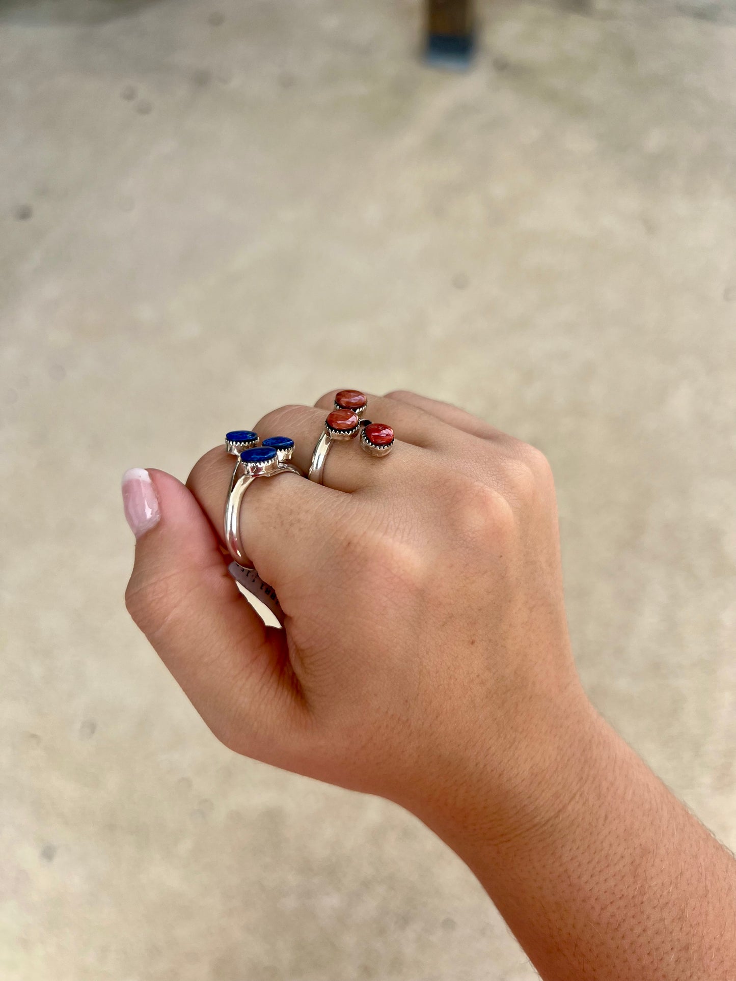 3 Stone Blue Lapis/Spiny Oyster Sterling Silver Ring