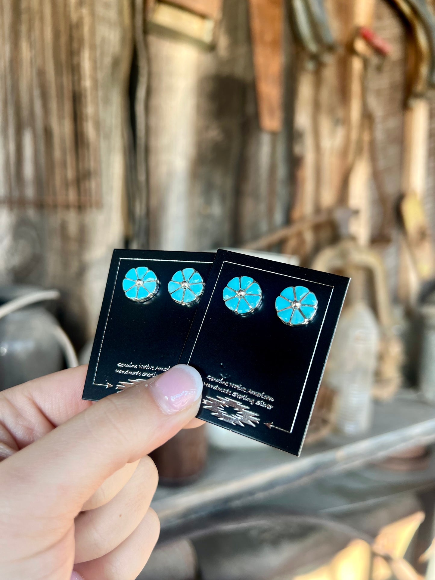 Genuine Turquoise Zuni Flower Inlay Earring Studs