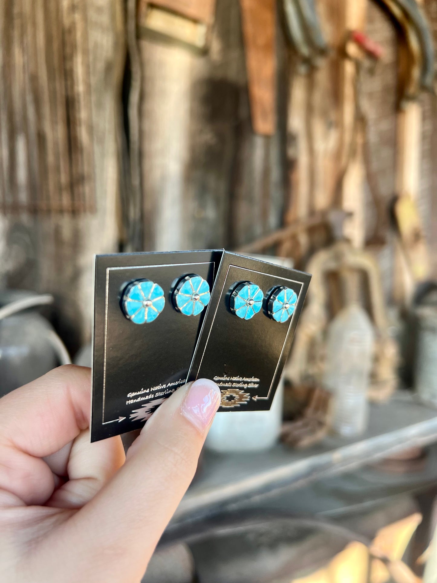 Genuine Turquoise Zuni Flower Inlay Earring Studs