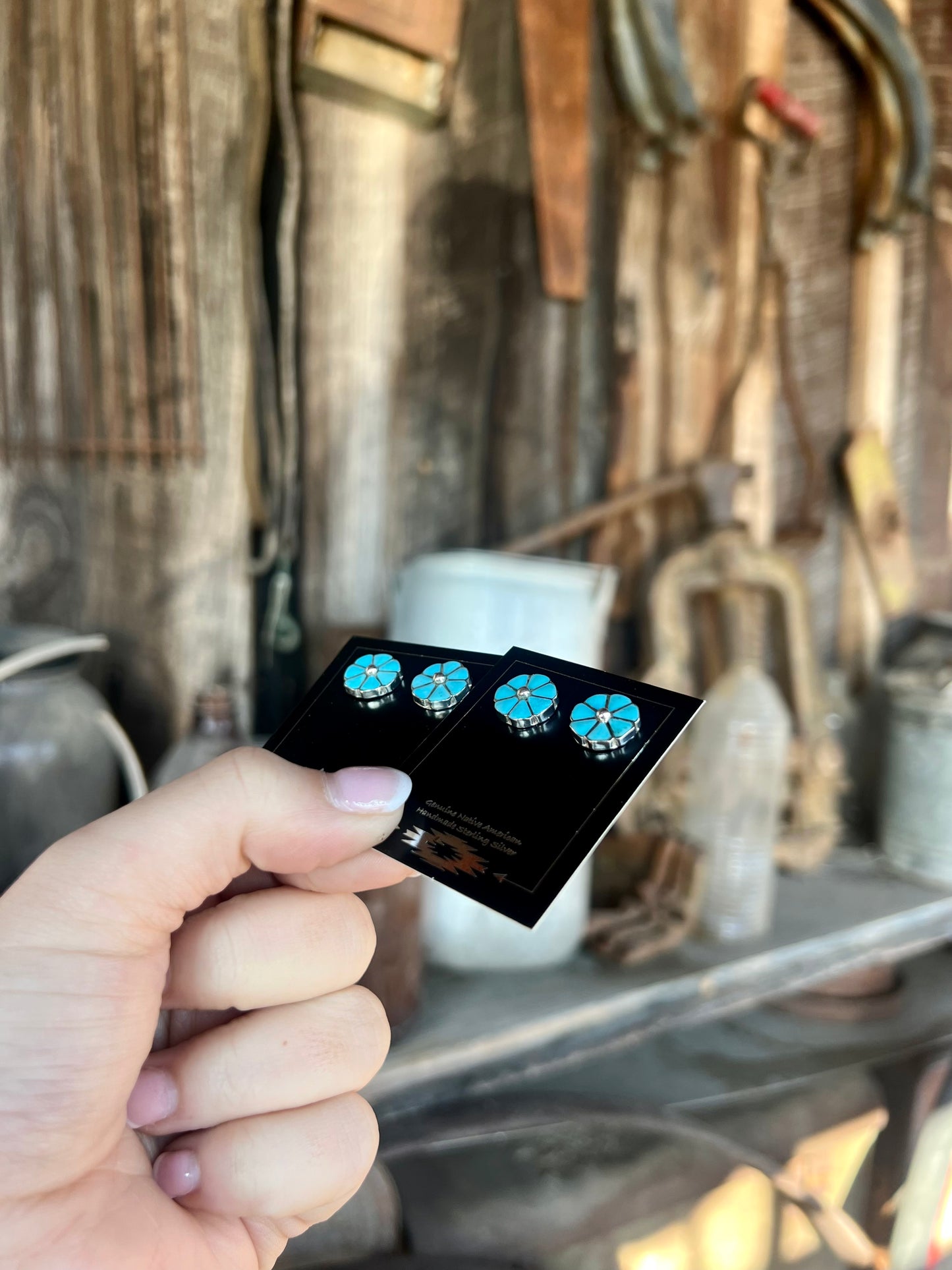 Genuine Turquoise Zuni Flower Inlay Earring Studs