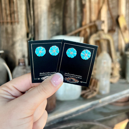 Genuine Turquoise Zuni Flower Inlay Earring Studs