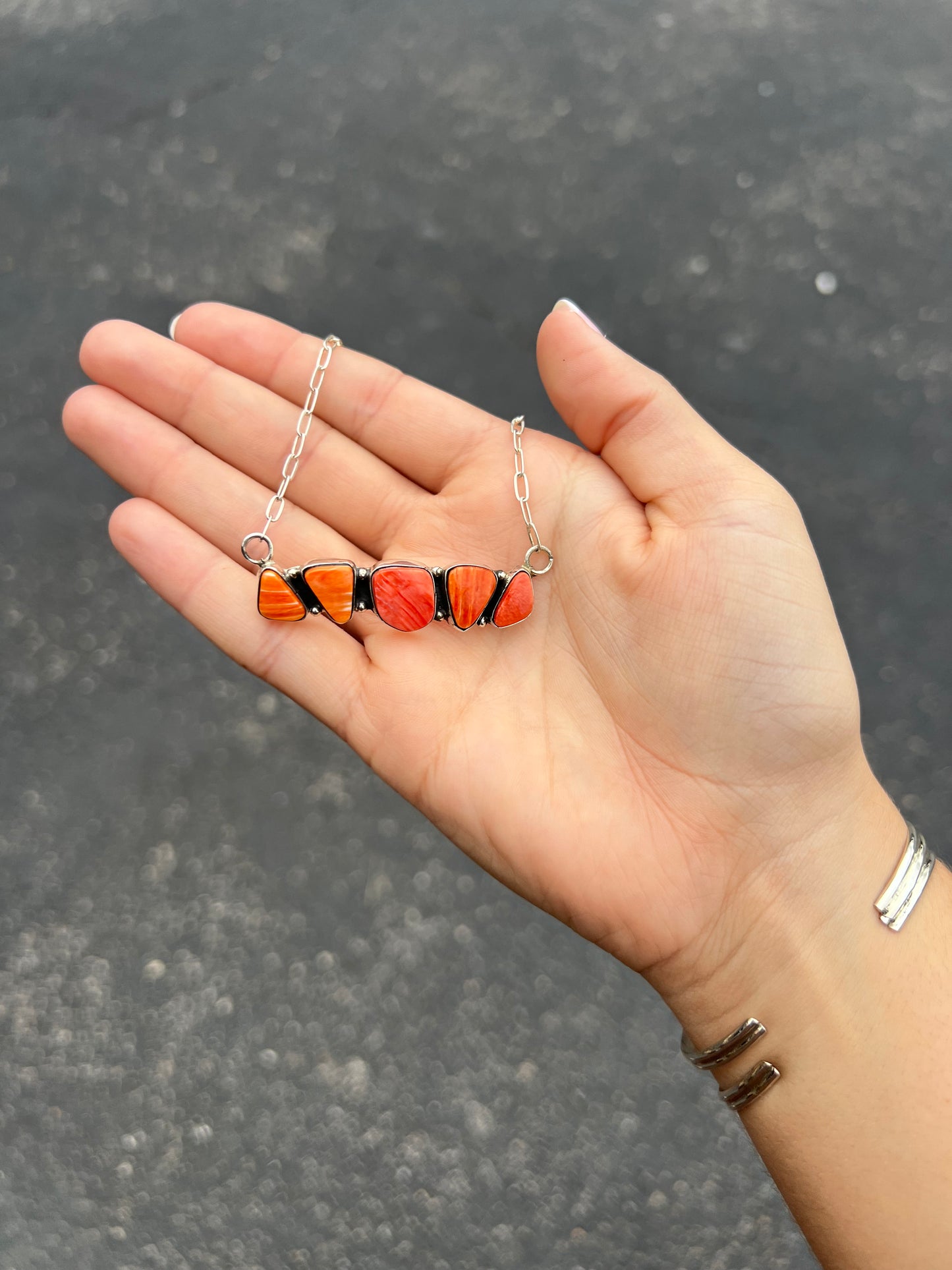 Genuine Orange and Red Spiny Oyster 5 Stone Bar Necklace