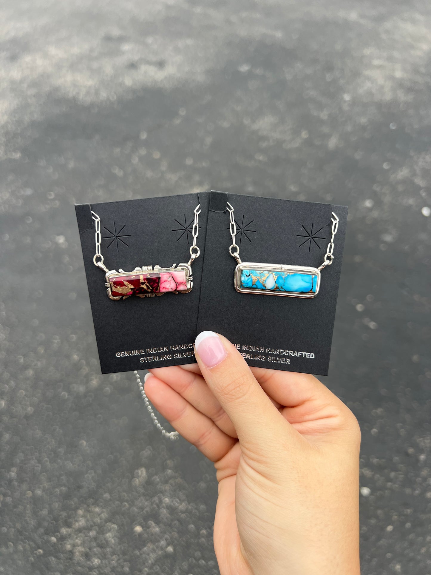 Navajo Dahlia Rose or Mint Blue Turquoise Sterling Silver Bar Necklace