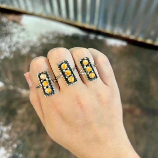 3 Stone Orange Spiny Oyster Sterling Silver Bar Ring