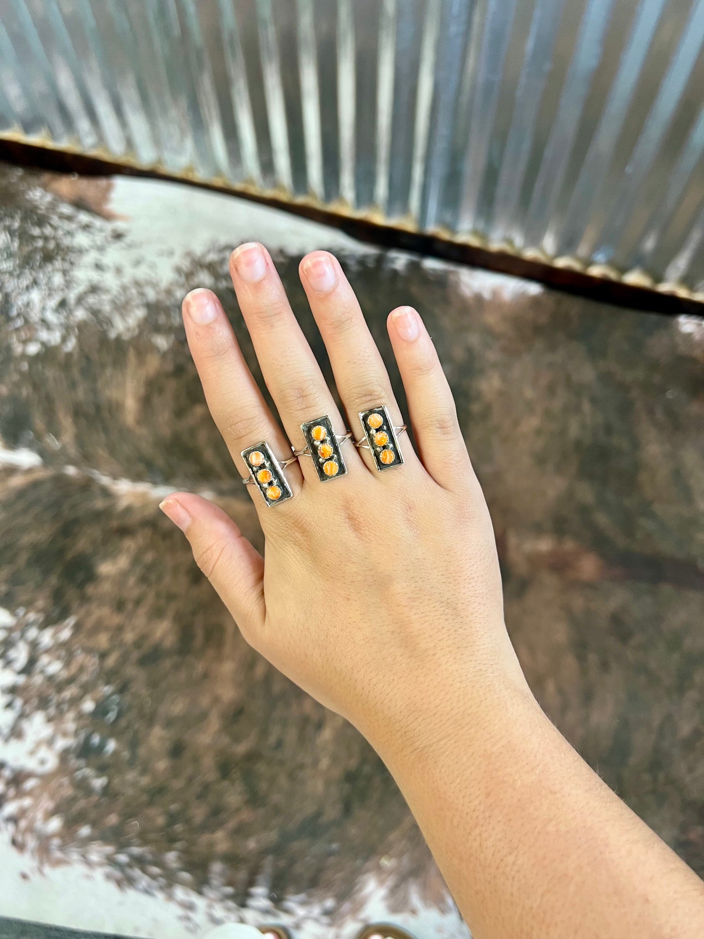 3 Stone Orange Spiny Oyster Sterling Silver Bar Ring