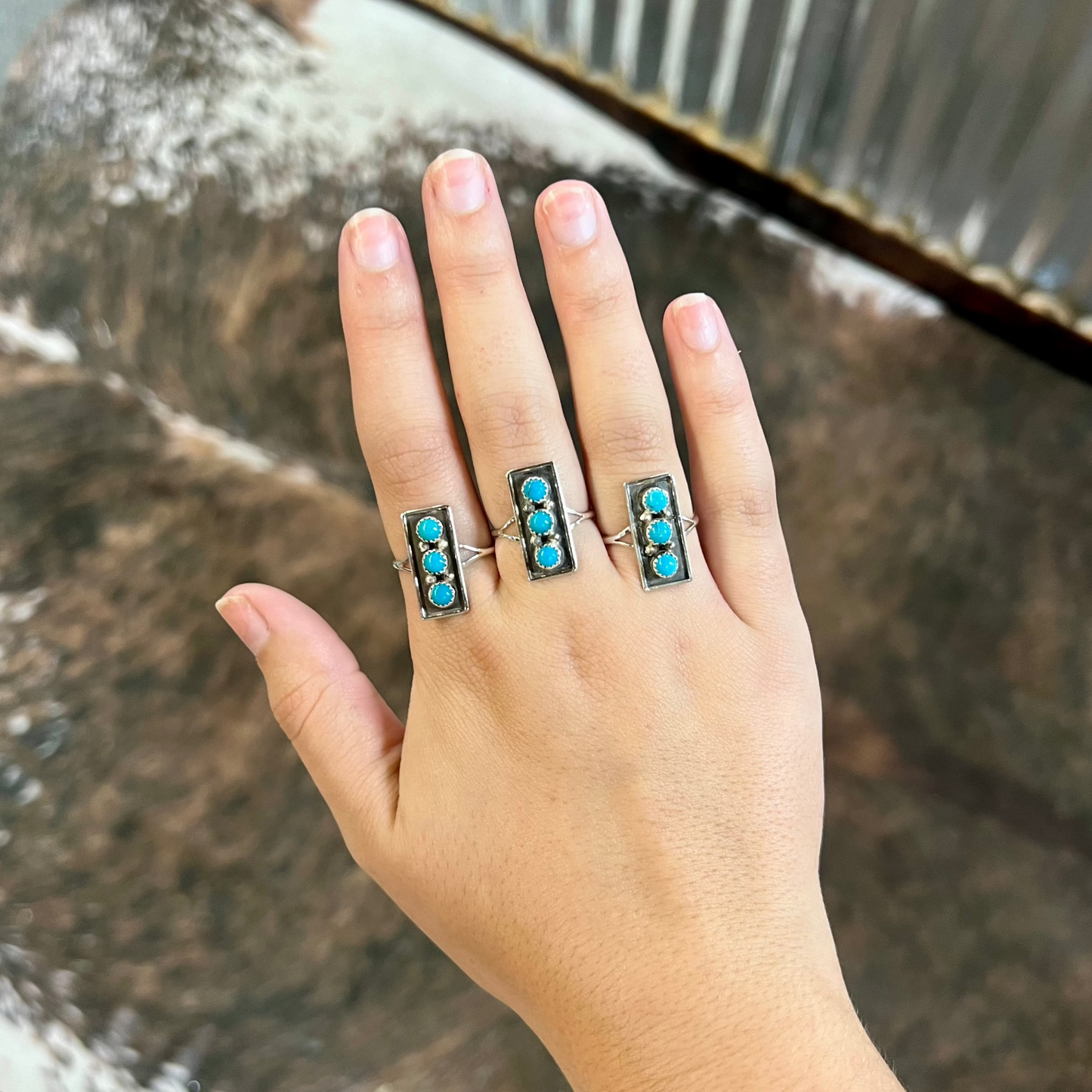 3 Stone Genuine Turquoise Sterling Silver Bar Ring