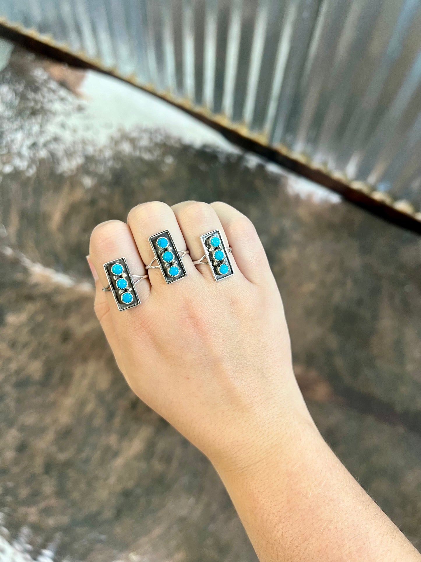 3 Stone Genuine Turquoise Sterling Silver Bar Ring